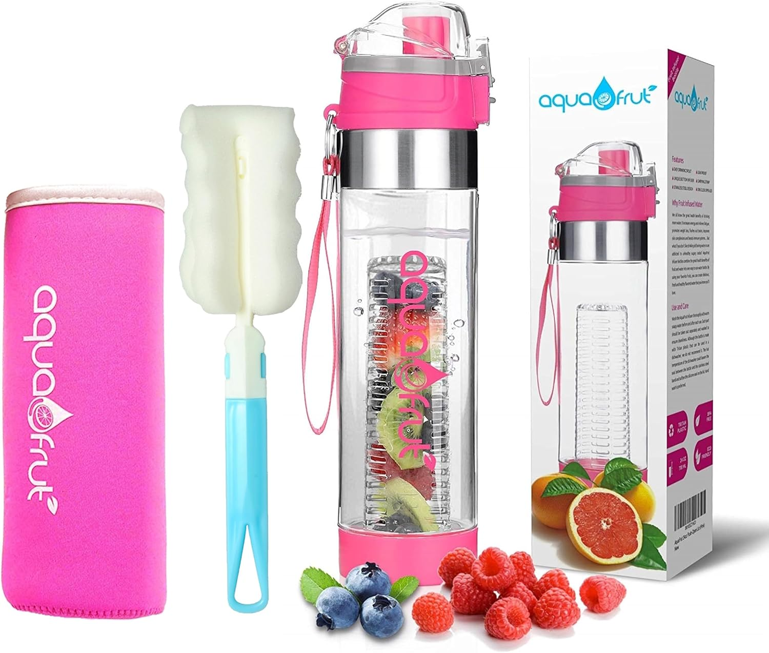 Bottom Loading Fruit Infuser Water Bottle (Oneclick Open Lid) - BPA Free Tritan Plastic - Leak Proof - 24Oz - Infusion Recipe Ebook Included