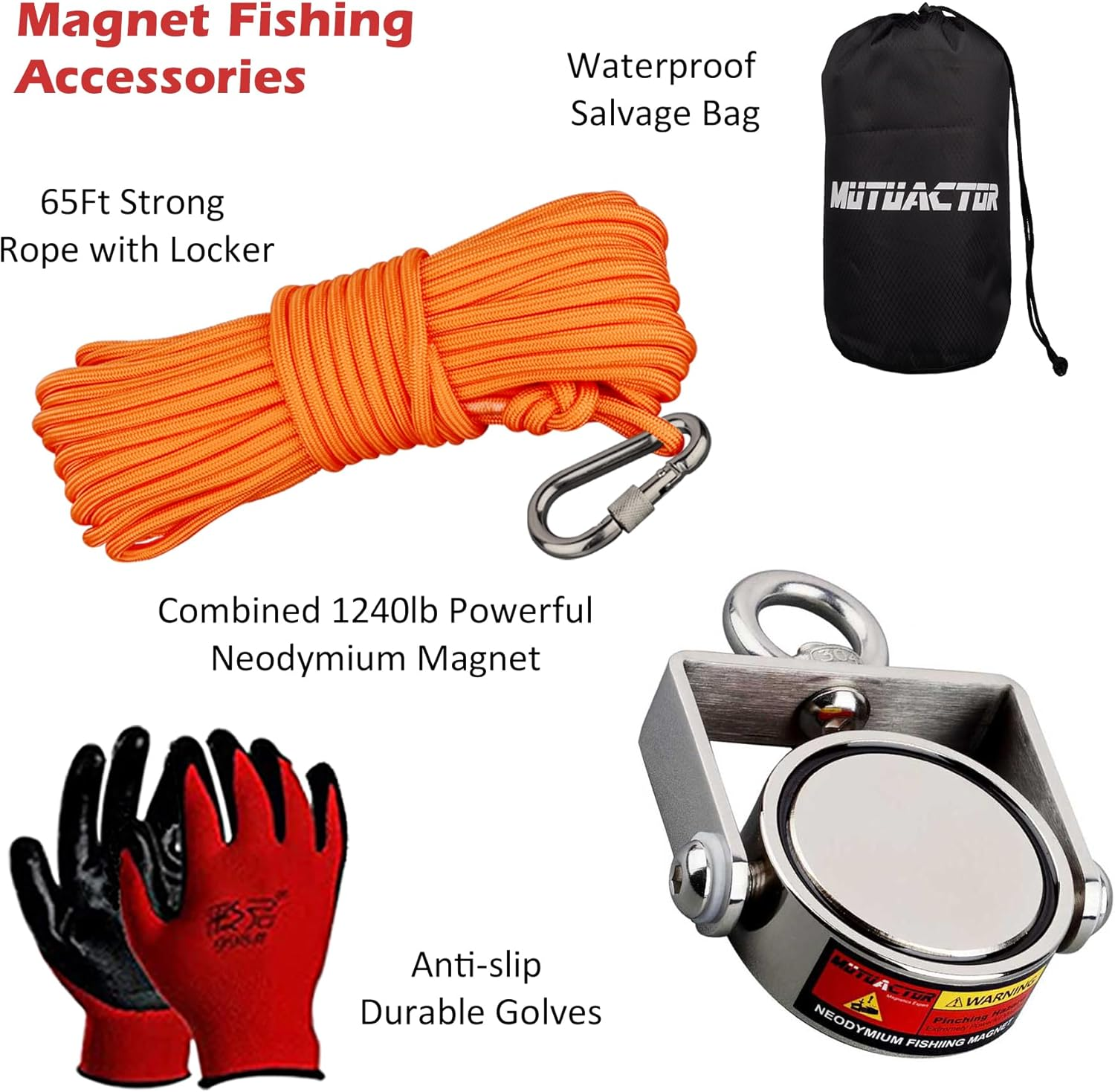 MUTUACTOR Fishing Magnet Kit,Combined 1240Lb Strong Rotatable Magnet Fishing Heavy Duty,Permanent Neodymium Rare Earth Magnets with 65Ft Salvage Rope,Anti-Slip Gloves for Retrieving Treasures image number 5