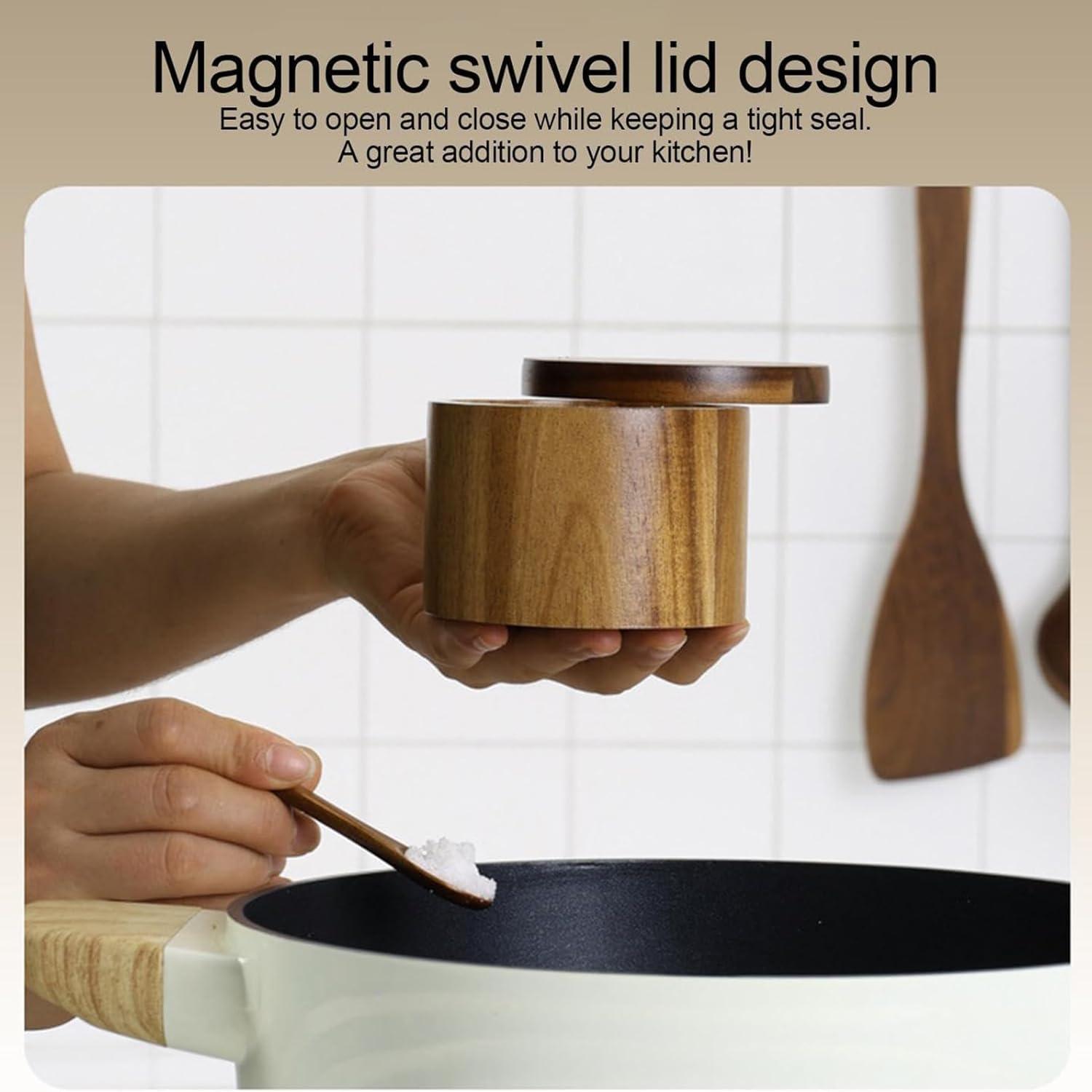 Wood Salt Shaker,Salt Container with Built-In Spoon and Magnetic Screw Ca,Sugar Bowl,Spice Bo,Spice Jar for Sea Salt Herbs or Favorite Seasonings image number 4