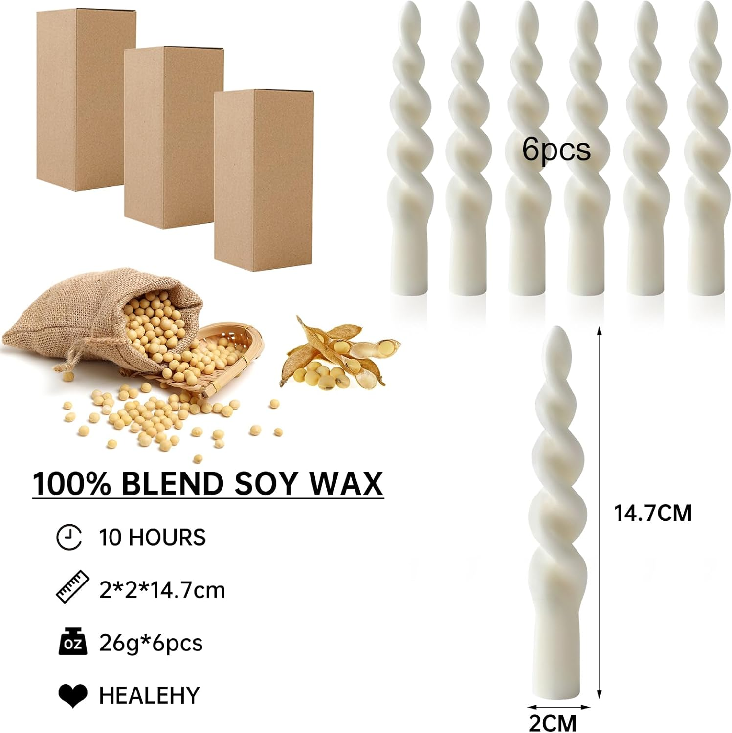 Screw Candle - White Colour - Set of 6 in Box - Decorative Household Candles - Burning Time 7 Hours - French Vanilla Floral - Natural Plant Wax - without Palm Oil image number 1