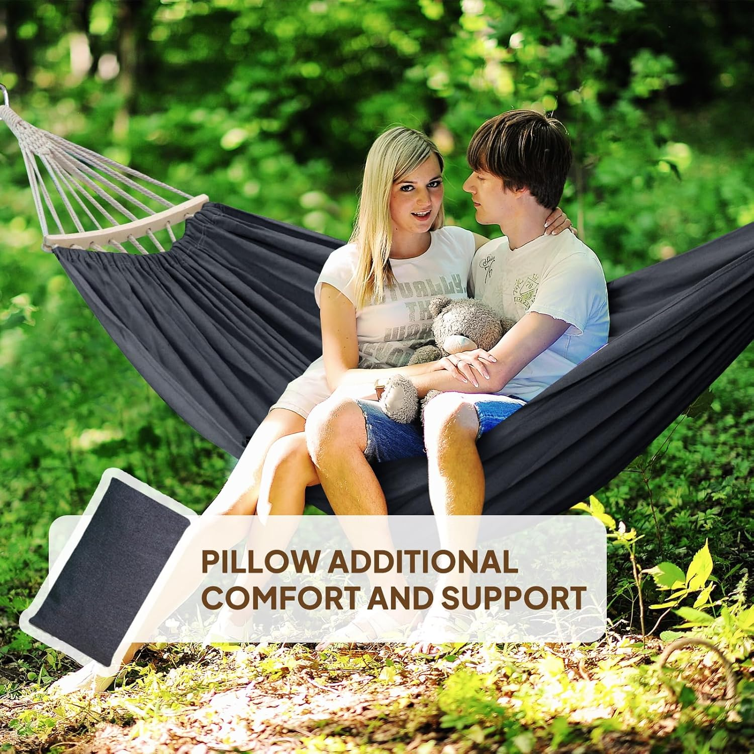 Chihee Cotton Hammock Large Soft Breathable Camping Hammock Holds up to 660Lbs Portable Tree Hammock with Detachable Spreader Bar Pillow 2 Strong Webbings 2 Carabiners Patio Garden Indoor Outdoor image number 3