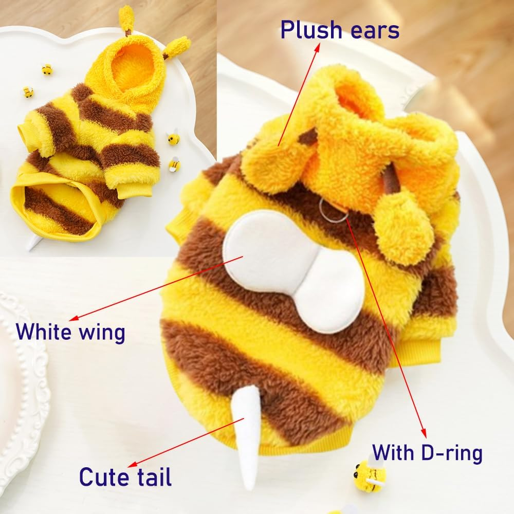 ANIAC Fleece Dog Hoodies with D-Ring Autumn Winter Puppy Clothes for Small Dogs Bumblebee Cat Apparel Cold Weather Coat Funny Dog Bee Costume for Christmas Halloween (Yellow, X-Small) image number 4