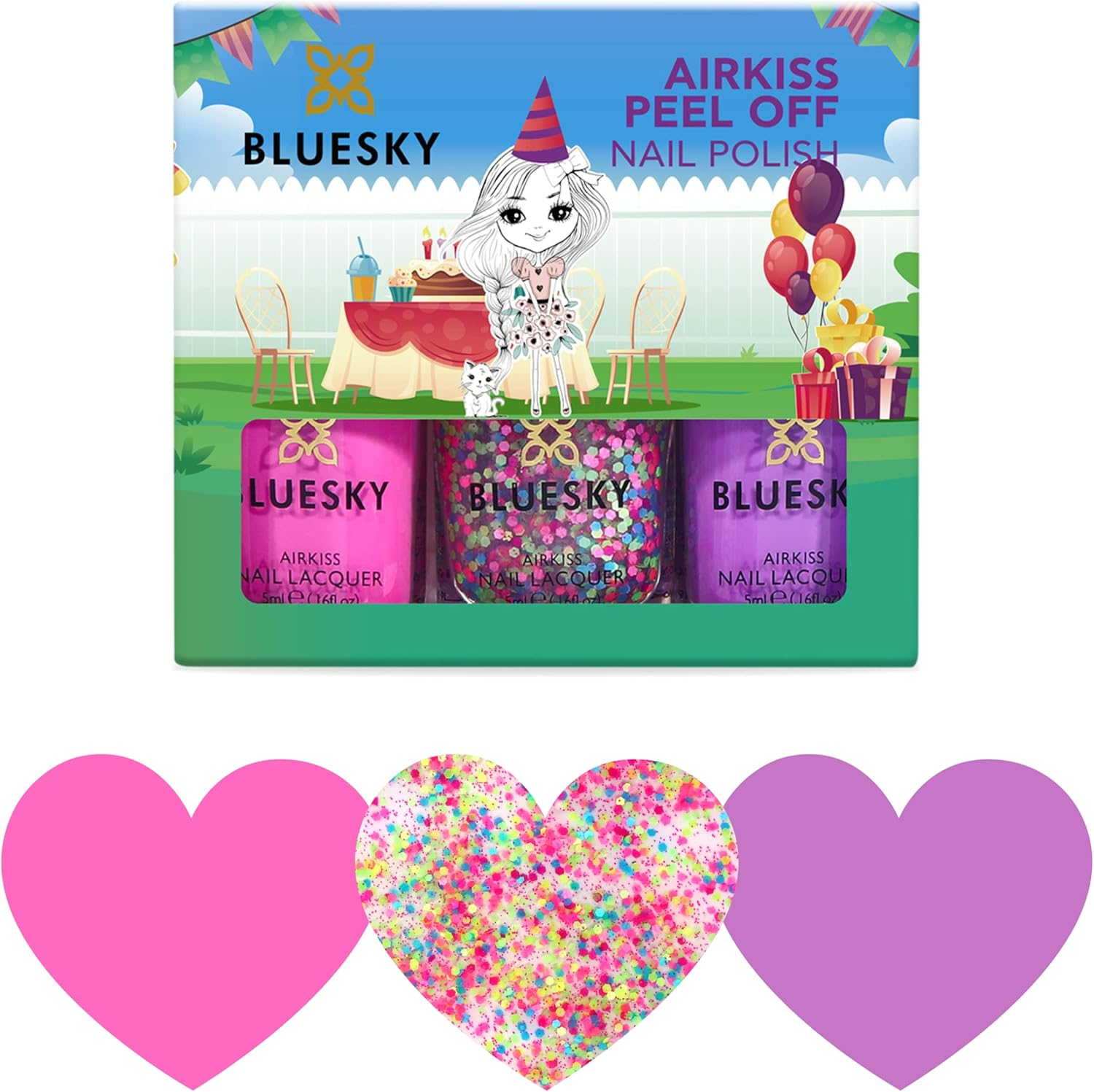 Bluesky Kids Nail Varnish Set - Party Time Collection. Pink,Purple,Confetti Glitter. Easy Peel-Off,Non-Toxic,Water- Based,Odour-Free Nail Polish for Kids,Gift Set,3 X 5Ml Stickers Kids-Party-Time image number 4