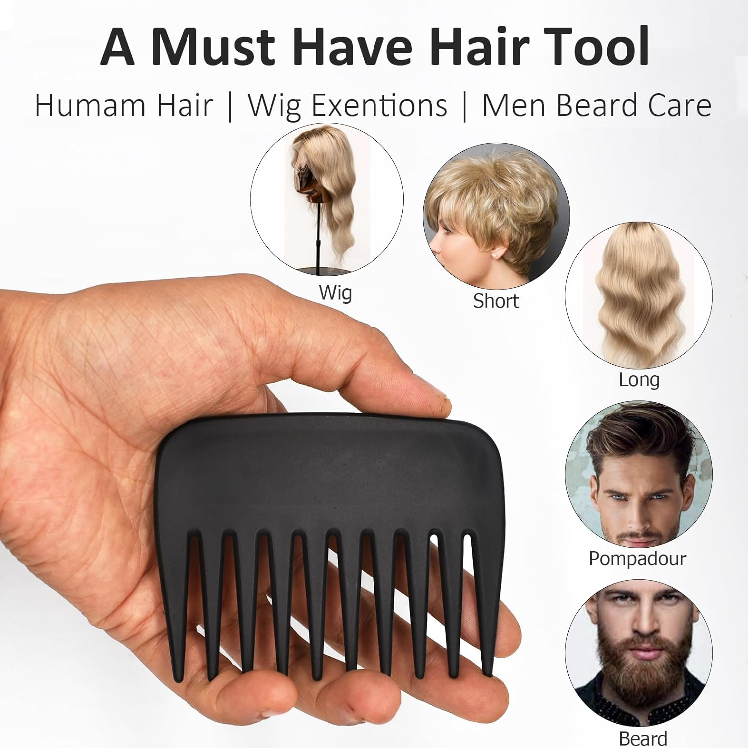 Professional Streaker Anti-Static Wide Tooth Detangling Comb - Compact Palm-Sized No Handle Afro Comb for Men Women Curly Wavy Hair - Wig Styling for Salon Barber Home Office Travel Purse image number 1