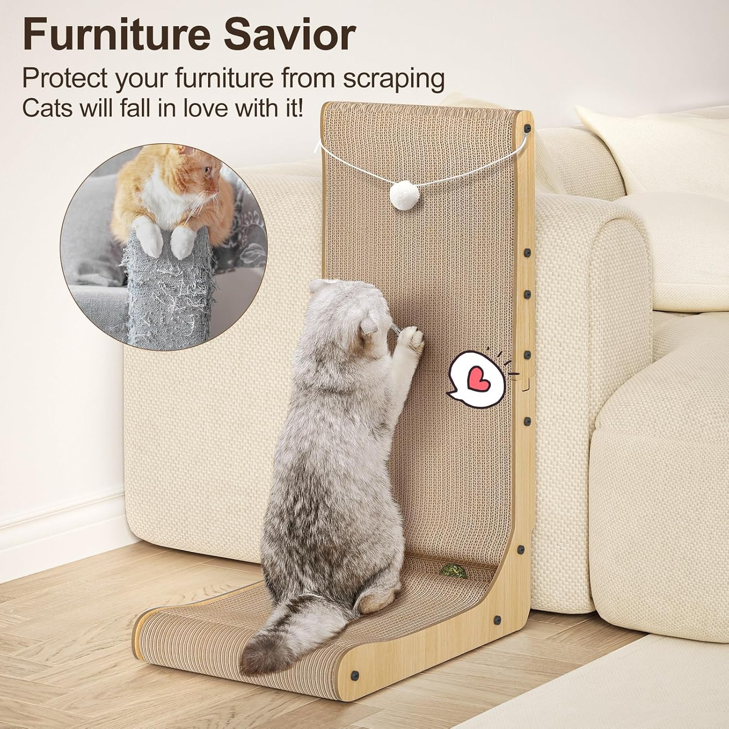 Gimars L Shape 68Cm Cat Scratcher, Cat Scratching Board with Plush & Catnip Balls, Large Size Cat Cardboard Scratcher Wall Mounted for Indoor, Cat Toys for Protecting Furniture (Wood)