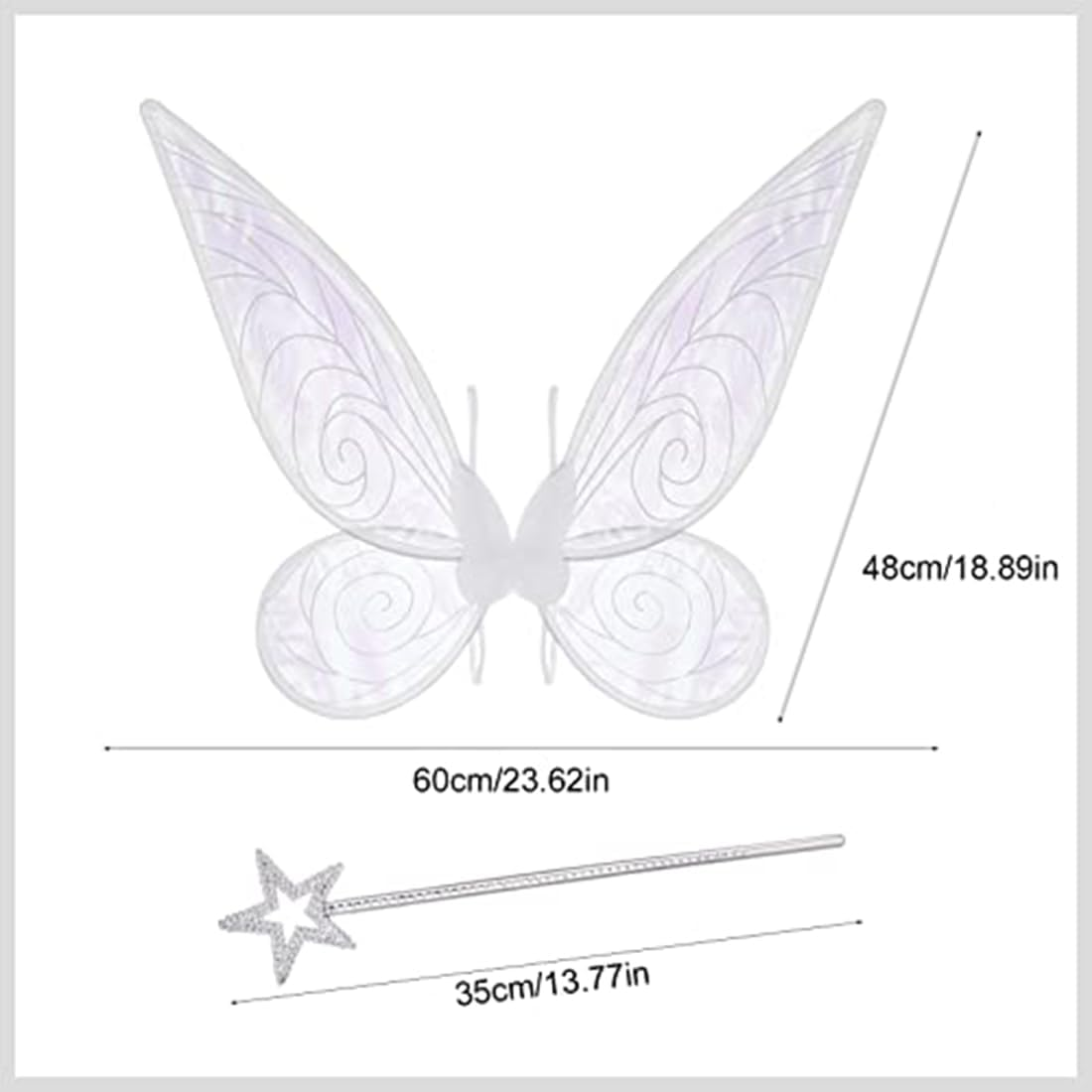 White Fairy Wings, Butterfly Wings White Fairy Wings with Elastic Shoulder Straps for Costume, Halloween Sparkle Angel Wings Party Dress up & Pretend Play Fancy Dress Set image number 3