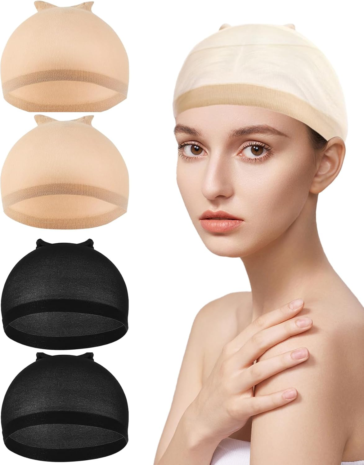Wig Cap Set, 4 Pack Nylon Stocking Caps, Light Brown and Black image number 3