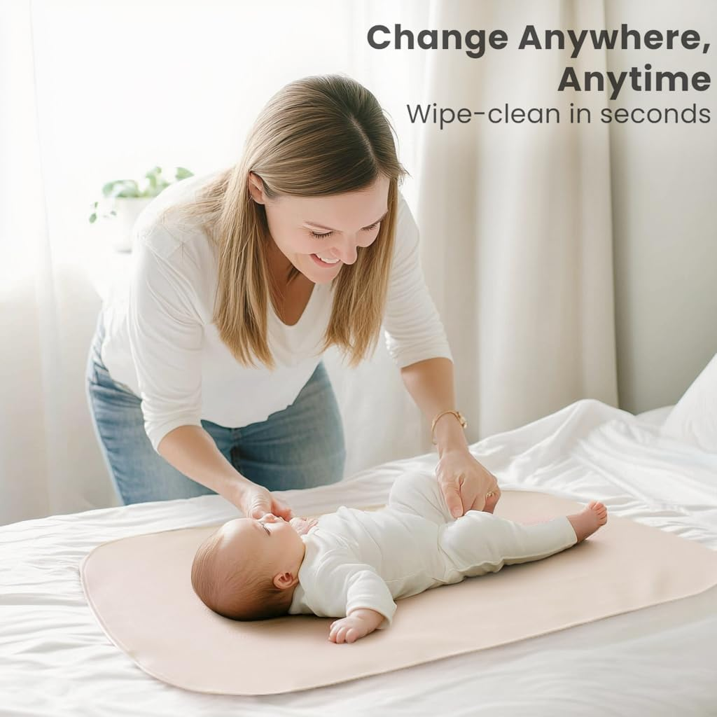 Konssy Faux Leather Baby Changing Mat, Waterproof, Wipeable & Portable Diaper Changing Pad for Travel or Home, Fits Perfectly in Diaper Bag, 30 X 17 Inches (Fog Green,Beige) image number 2