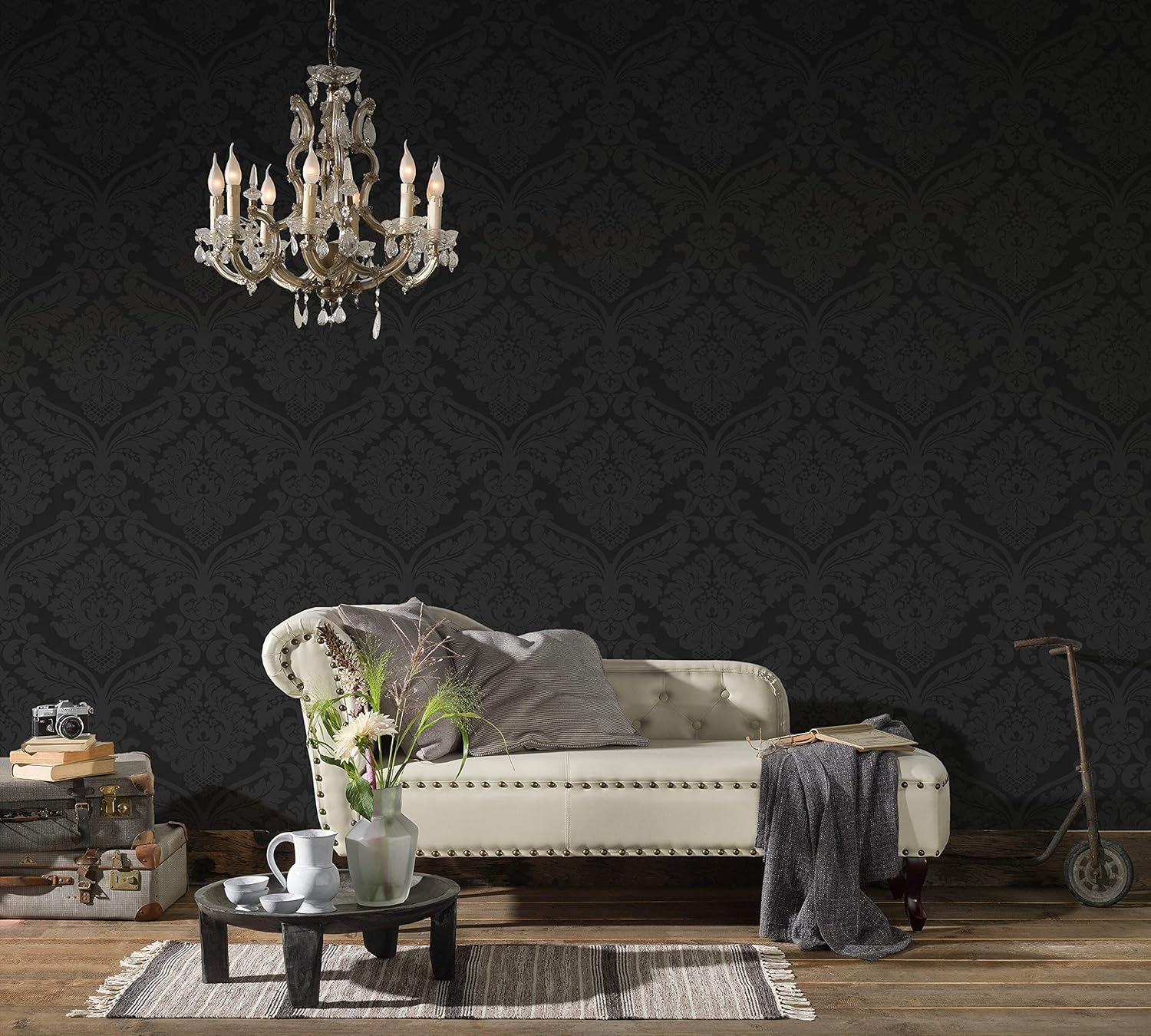 Livingwalls 552631 Classic Vintage Baroque Wallpaper in Black with Flock Damask Pattern, 1'8'' X 32'11'' (0.53 X 10.05 M) image number 2