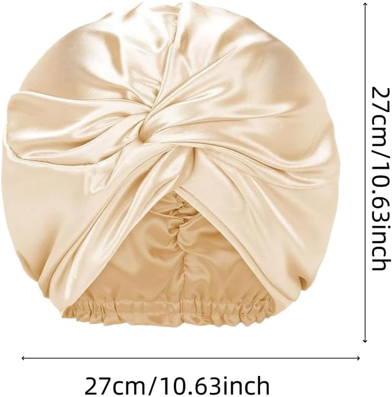 Aknebriax 2Pcs Silk-Like Double Nightcap Silk Hair Bonnet,Lined Satin Hair Bonnet for Sleeping for Women Curly Natural Hair(Champagne, Pink) image number 2