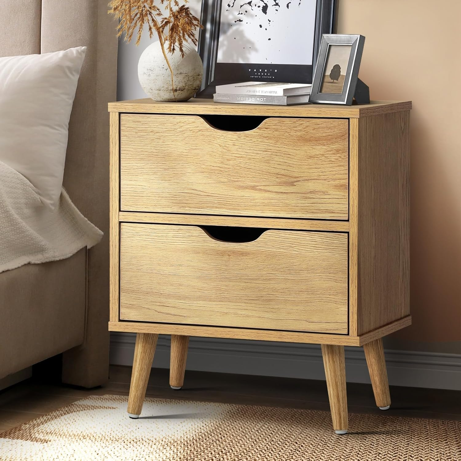 Oikiture Bedside Table with 2 Drawers, Wooden Side Table Nightstand Home Storage Furniture Wood
