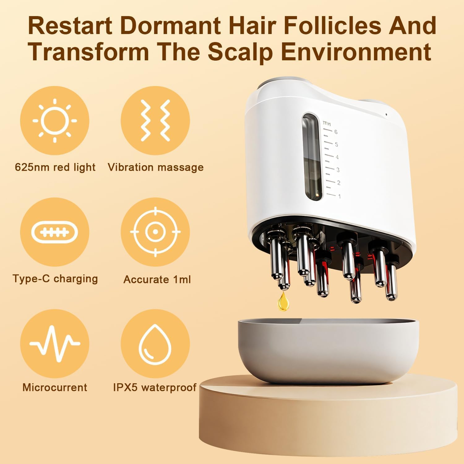 Electric Hair Brush & Scalp Massager with Oil Dispenser, Mess-Free Applicator for Nourishing Scalp and Hair Care, Rechargeable with USB Cable, Travel-Friendly, White image number 4
