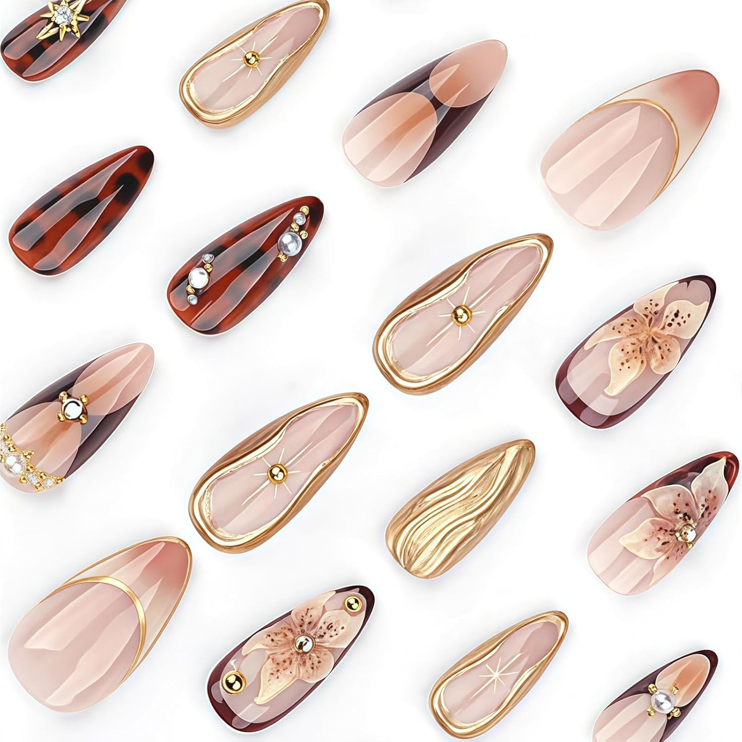 Yamobi Pack of 24 Press-On Nails, Almond Shape, 3D Flowers and Crystal Design, Handmade Press on Nails, Artificial Nails with 3D Almond Design image number 5