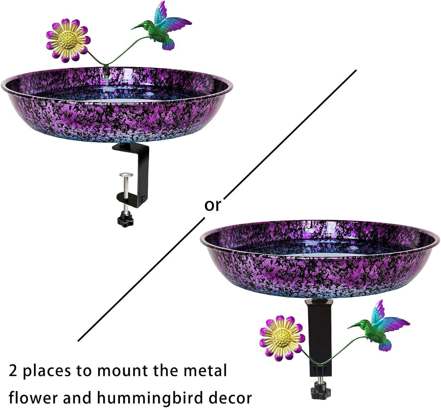 Deck Bird Bath for Outdoors, 11 Inch Colorful Purple/Blue Metal Birdbath Bowl Adjustable Steel Clamp Mounted Garden Bird Bath Feeder for Railing Balcony Outdoor Decor Yard Art image number 1