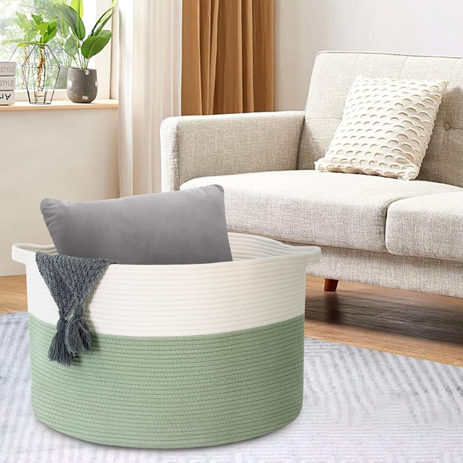 MEGASKET Extra Large Green Storage Baskets, 22" X 22" X 14" Kids Toy Baskets Storage, XXXL Dog Toy Bin Basket, Nursery Baby Toy Organizer Box, Soft Cotton Rope Woven Basket, Blanket Basket Living Room - Dark Blue And Blue Stripe image number 2