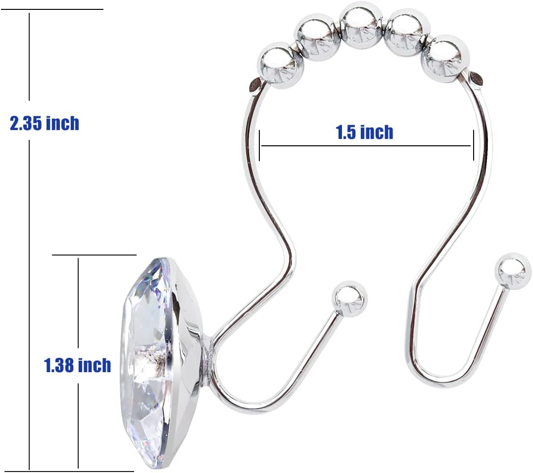 Yapicoco 12PCS Shower Curtain Hooks Rings for Bathroom, Double Hooks Glide anti Rust Crystal Rhinestones Hooks Rods Curtains and Liner (Crystal White)