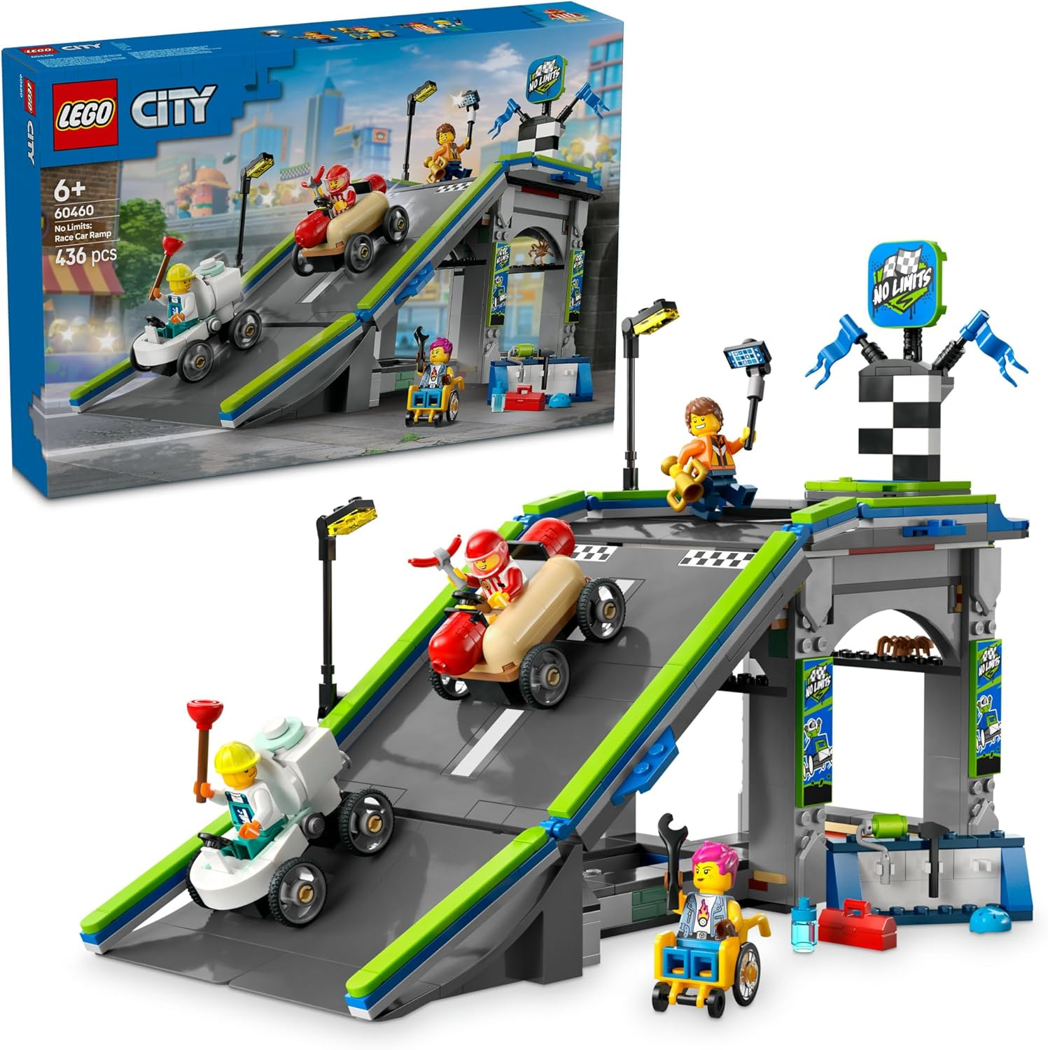 LEGO City No Limits: Race Car Ramp Track, Kids Toy for 6+ Year Old Boys & Girls, Vehicle Building Set with Ramp, 2 Soapbox Car Toys & 4 Minifigures for Creative Construction 60460 image number 2