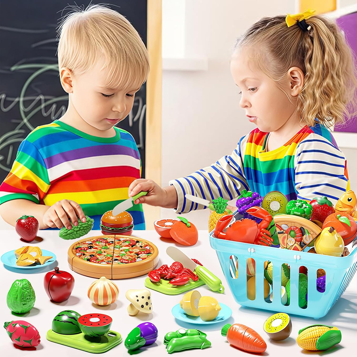 Cutting Play Food for Kids,105Pcs Pretend Play Kitchen Toys,Fake Food/Fruits/Vegetables Set,Play Kitchen Accessories with 2 Blaskets for Kids Boys Girls 3 4 5 6 image number 5