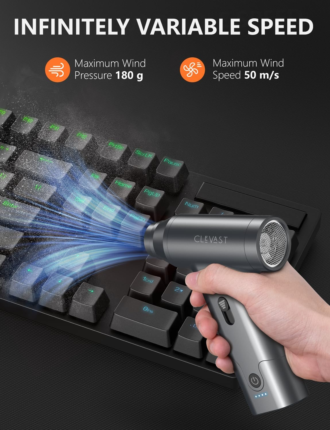 CLEVAST Compressed Air Duster &ndash; Super Power Cordless Electric Mini Air Blower, 130,000 RPM Brushless Motor, Stepless Speed Control, Rechargeable for PC, Keyboard, Car, Electronics Cleaning Kit image number 5