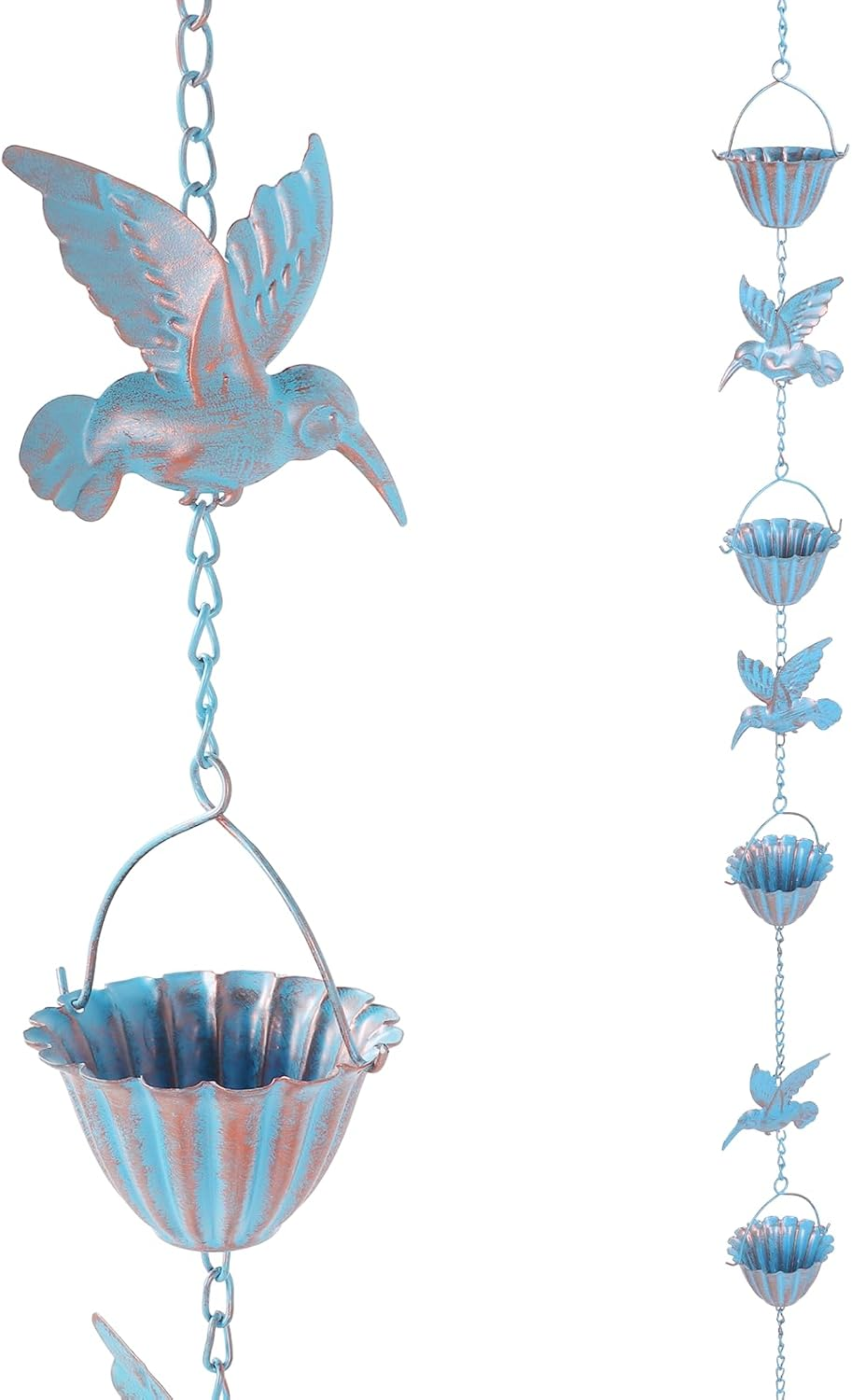 Metal Rain Chain, 7.9 Foot Rain Catcher Chain with 7 Water Cups and 7 Removable Hummingbird Decorative Rain Chains, Easy to Install Gutter Rain Collector Chain for Eaves Drainage image number 6