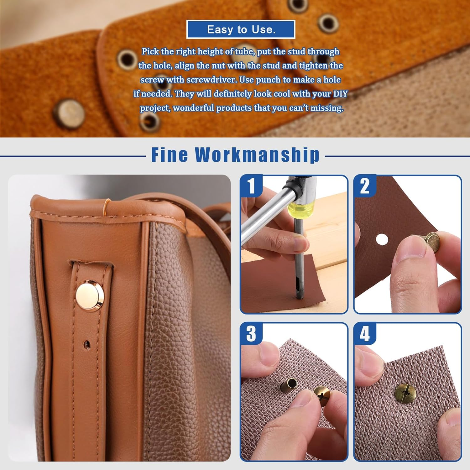 Glarks 110 Sets 6 Sizes Chicago Screws Leather Rivets with Punch and Screwdriver Kit, M5 X 4/5/6/8/10/12Mm Chicago Button Binding Post Screw Nail Rivets for DIY Leather Craft Bookbinding (Black) - Gold image number 3