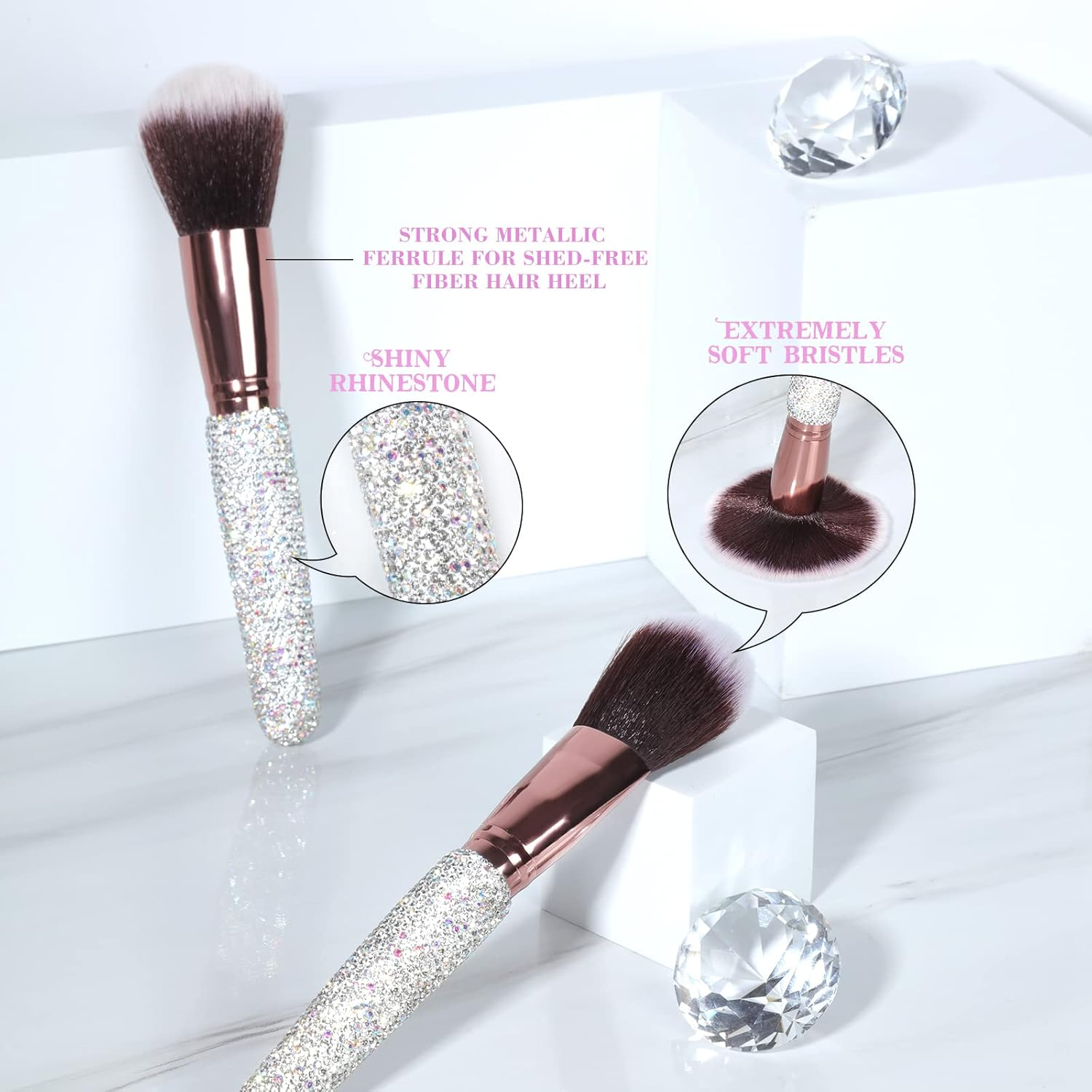 Makeup Brushes Bling Crystal Professional Face Cosmetics Blending Liquid Foundation Powder Concealer Eye Shadows Make up Beauty Tool Glitter with Pouch Bag Kit Purely Handmade (12PCS) (White) image number 2