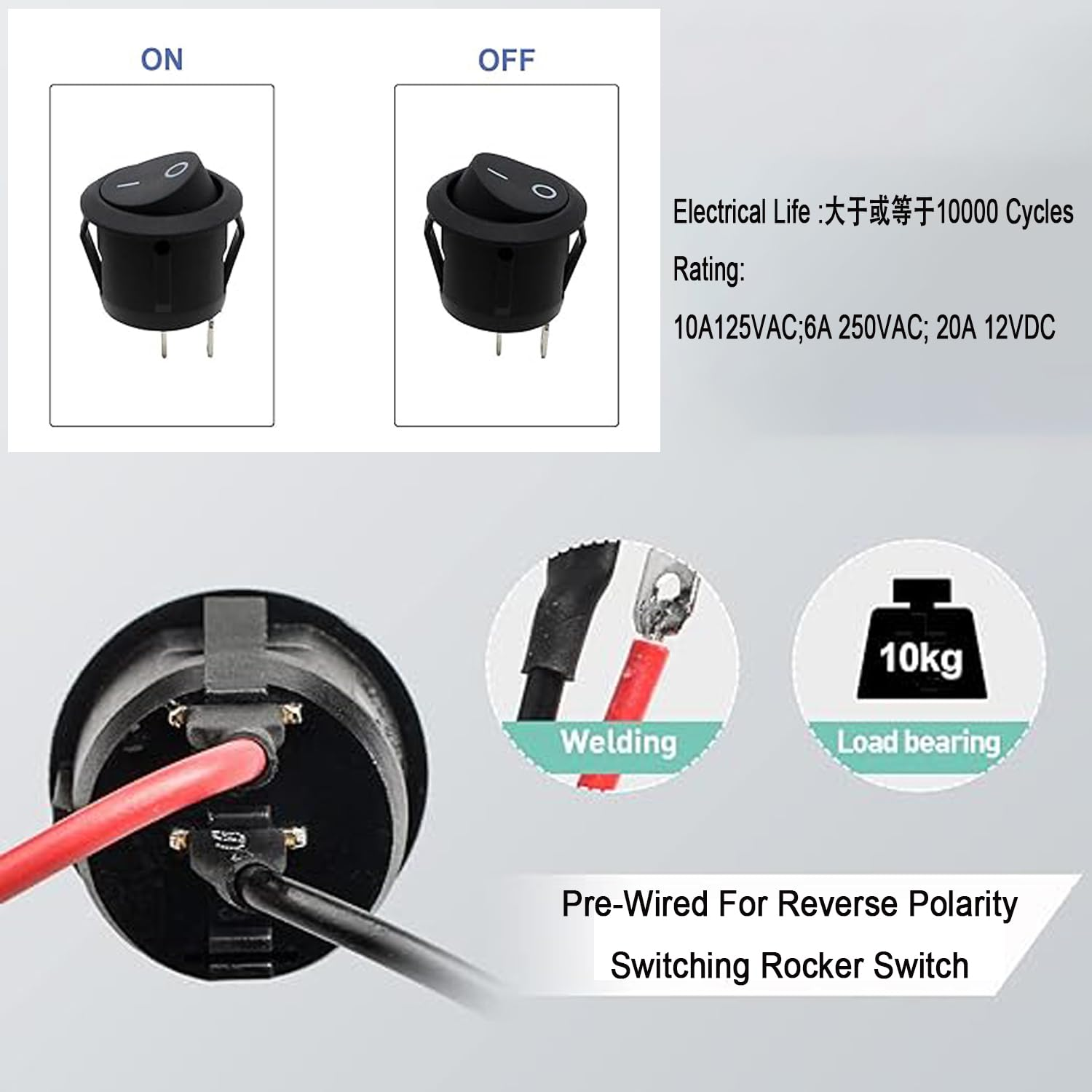 15Pcs round Rocker Switch, Mini Circle Toggle Switch with Pre-Wired AC 6A/250V 10A/125V, on off 20Mm SPST, 2 Pin Switch 120V Wired KCD1, 12V DC Electrical Switches for Car Boat RV Automotive image number 5