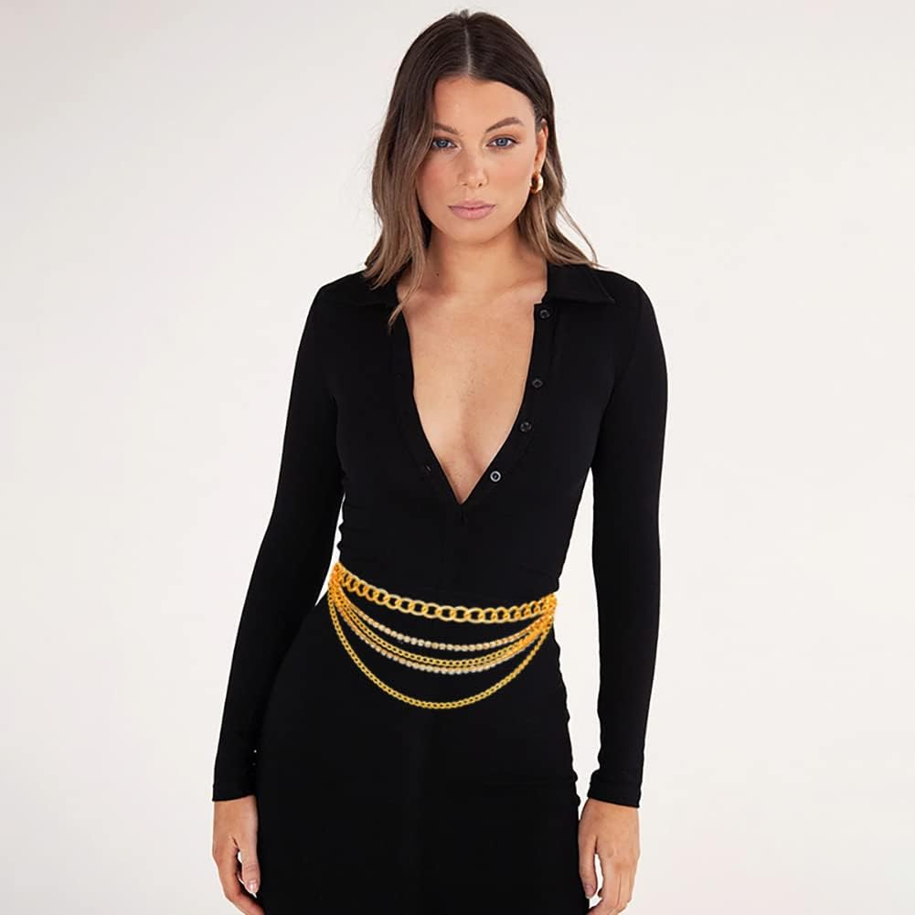 Yeeheen Rhinestone Chain Belt Multilayer Metal Waist Chain for Women Punk Chunky Chain Belts image number 6