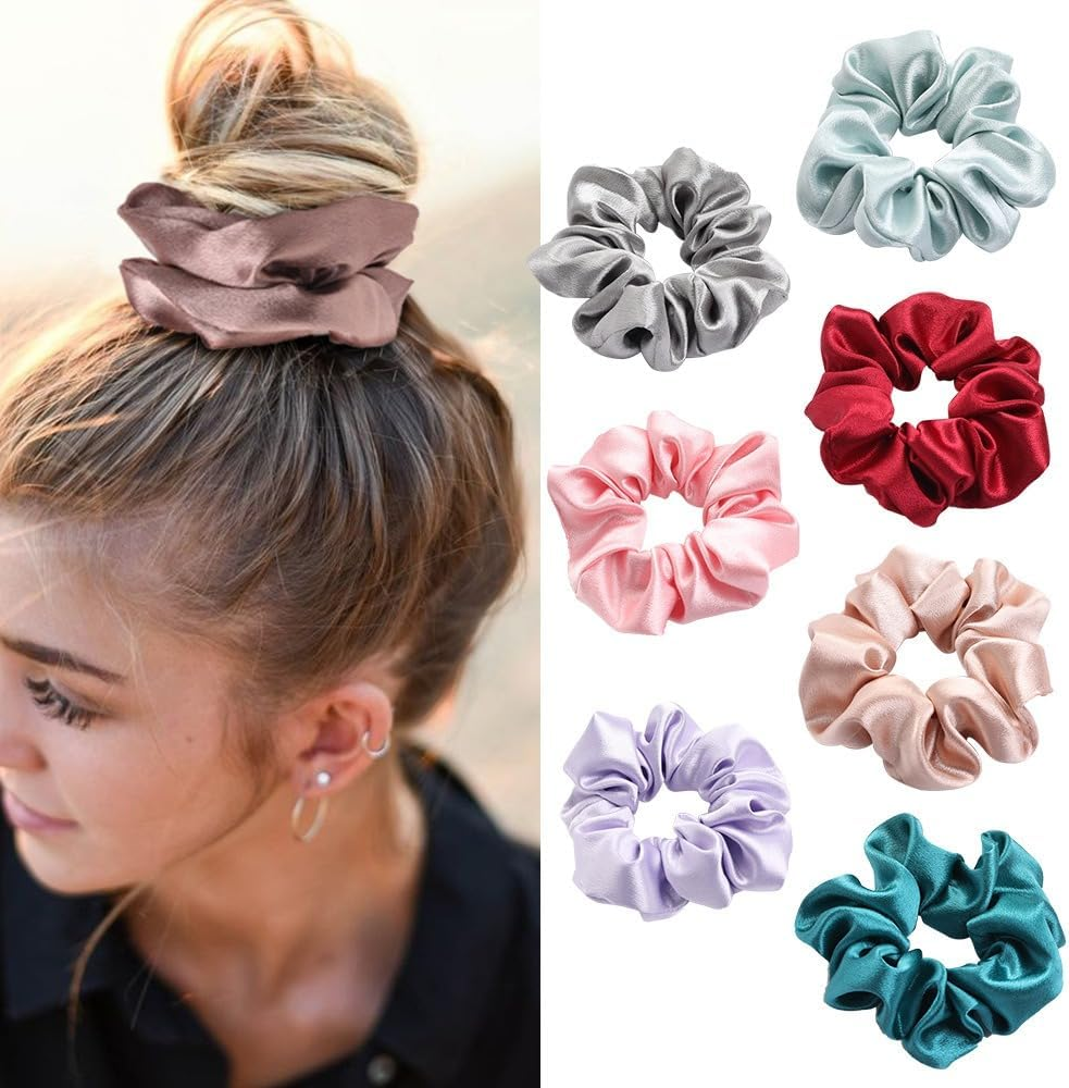 Pack of 3 Women'S Satin Hair Bands Hair Rings Elastic Hair Rope Hair Accessories Ponytail Holder Scrunchies Headwear for Girls Women Daily Wear, Champagne image number 1