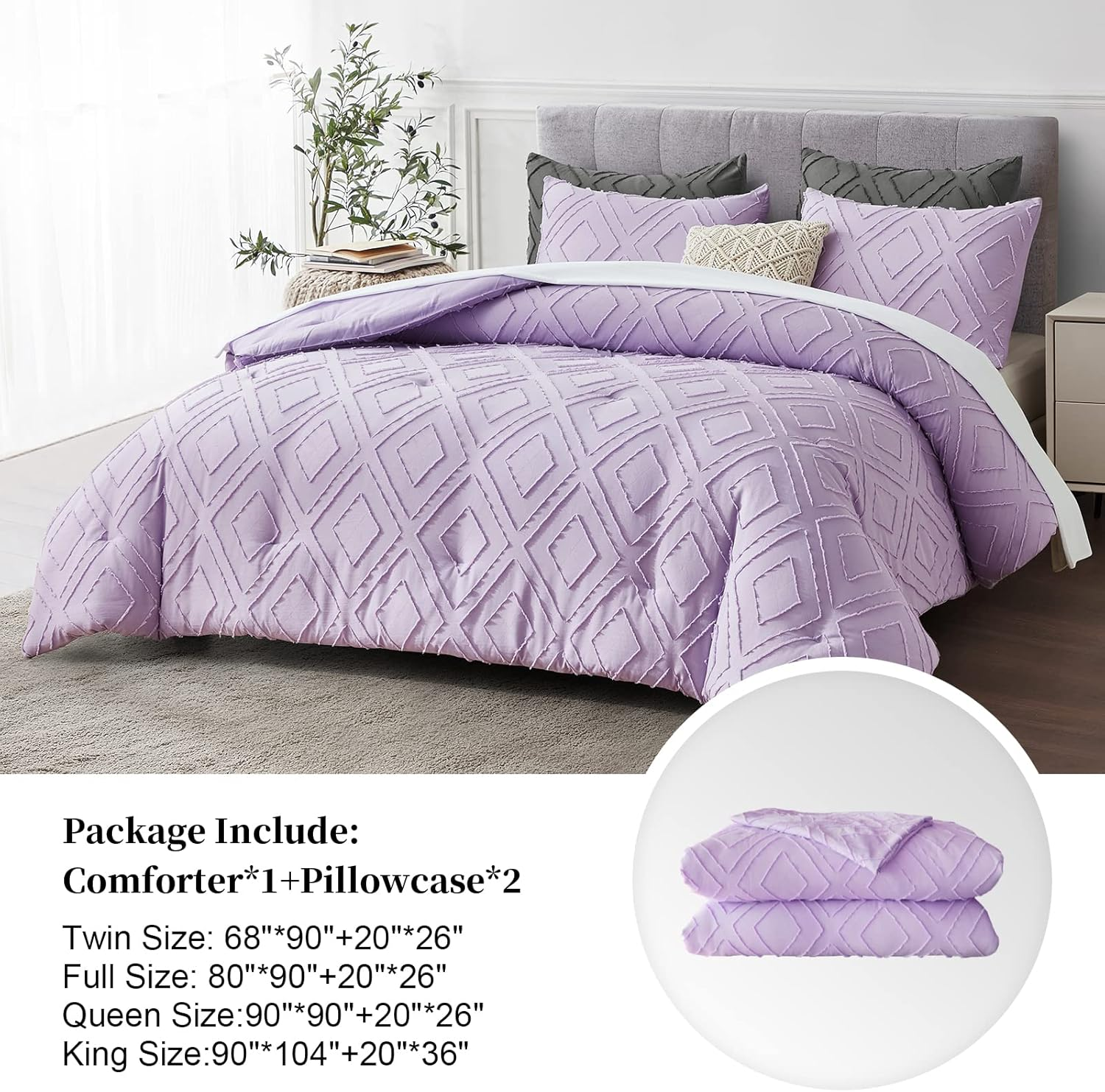 Boho King Comforter Set,Purple Rhombus Tufted King Size Comforter Set with Corner Loops,3 Pieces Embroidery Shabby Chic Bedding Comforter Sets for All Seasons(Purple,King) image number 3