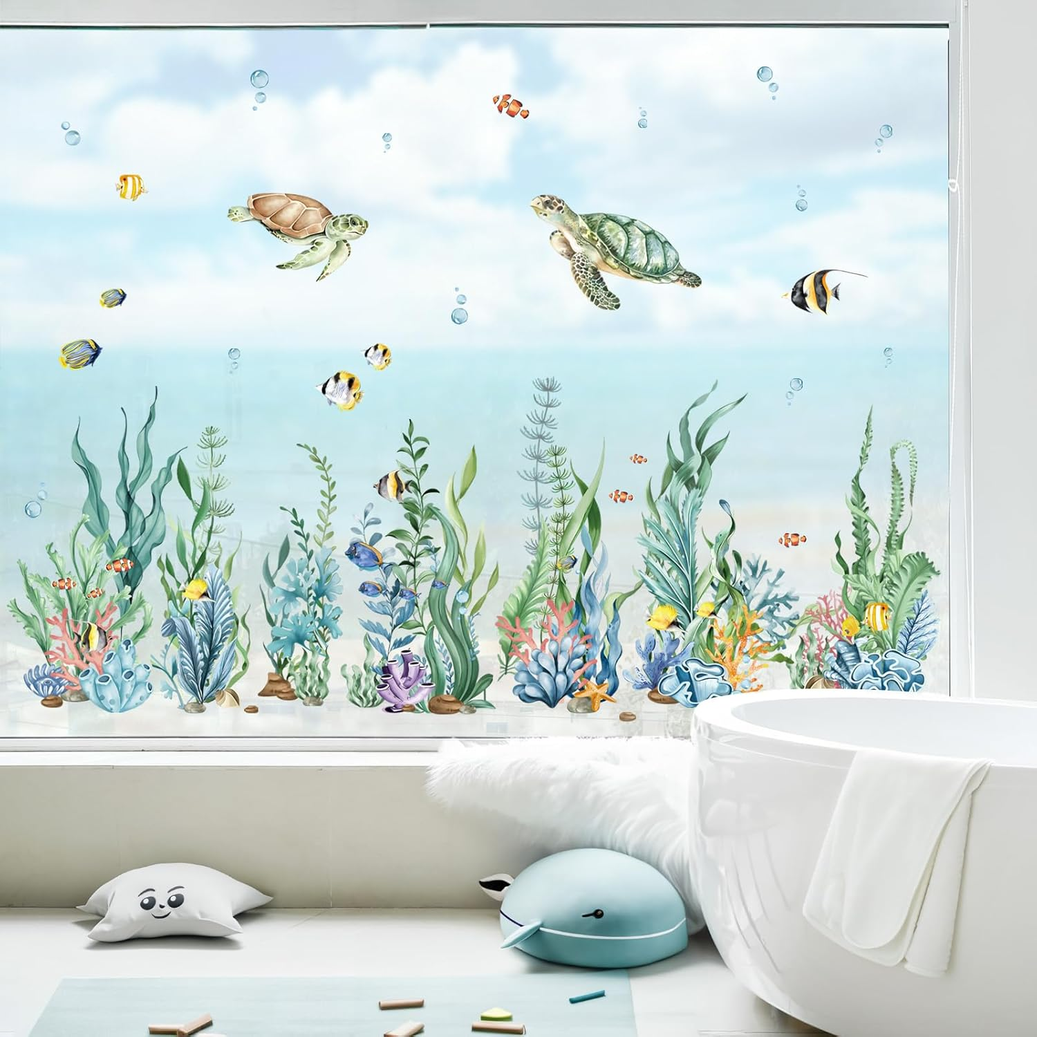 Decalmile Summer under the Sea Seaweed Double Sided Window Clings Ocean Grass Turtle Fish Window Decals Anti-Collision Glass Window Doors Window Stickers image number 3