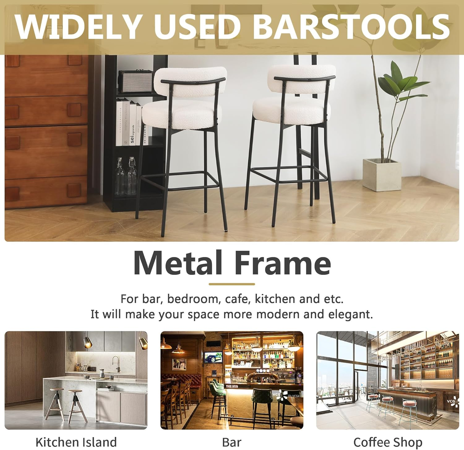 Bar Stools Set of 2, 70Cm Counter Height Bar Stools with Back, Upholstered Boucle Fabric, Modern Kitchen Island Stools for Counter, Breakfast Nook, Home & Cafe, White image number 3