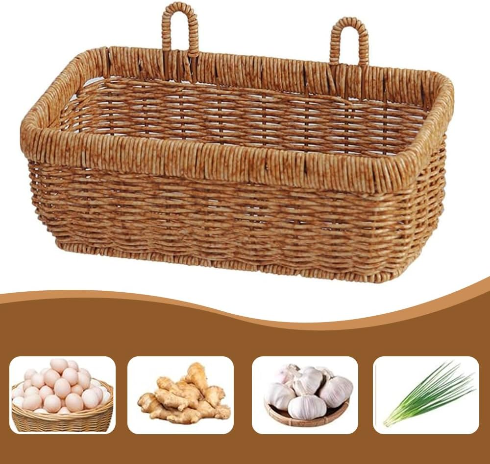 2 Pack Wall Hanging Basket, Imitation Rattan Woven Storage Rack,Storage for Fruits, Snacks, Sundries, Seasonings, Flowers,For Indoor Outdoor Wall, Home Room, Garden, Wedding Decoration