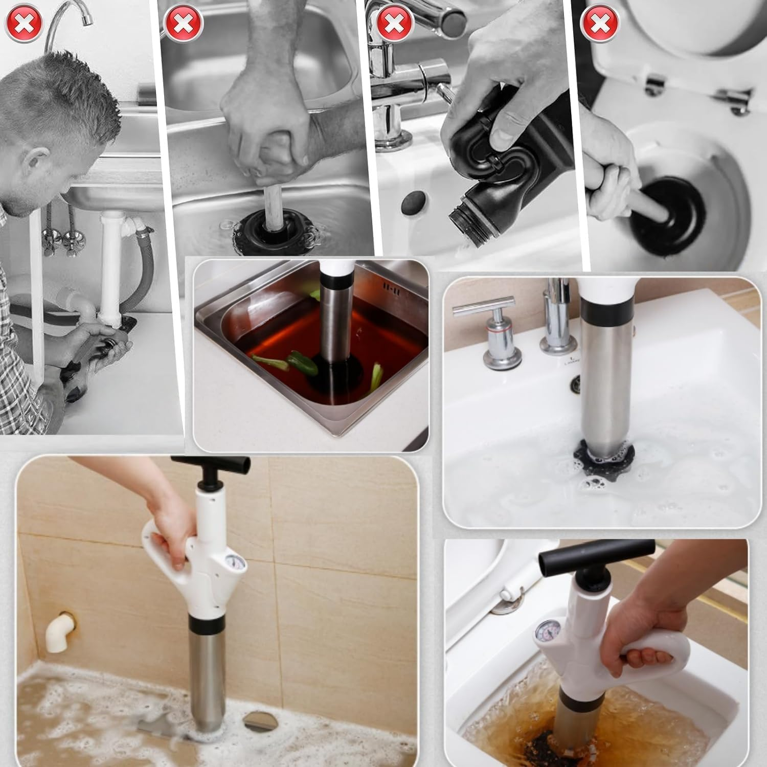Toilet Plunger, Drain Cleaner Pump, Compressed Air Pipe Cleaner Kit (4 Suction Adapters), Plunger Drain for Cleaning Toilets, Sink, Bathtub, Floor, Drain image number 4