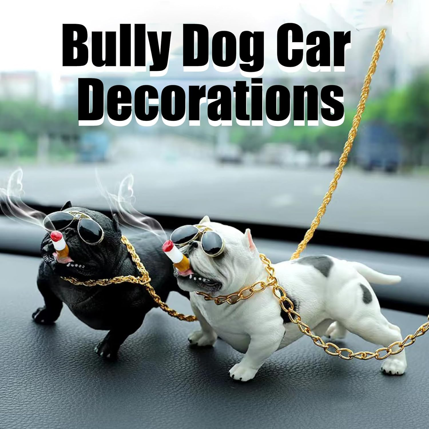 Bulldog Car Accessory, Resin Statue with Non-Slip Mat & Gold Chain, Black, Car Decoration, Home Decor, Fish Tank Ornament image number 1