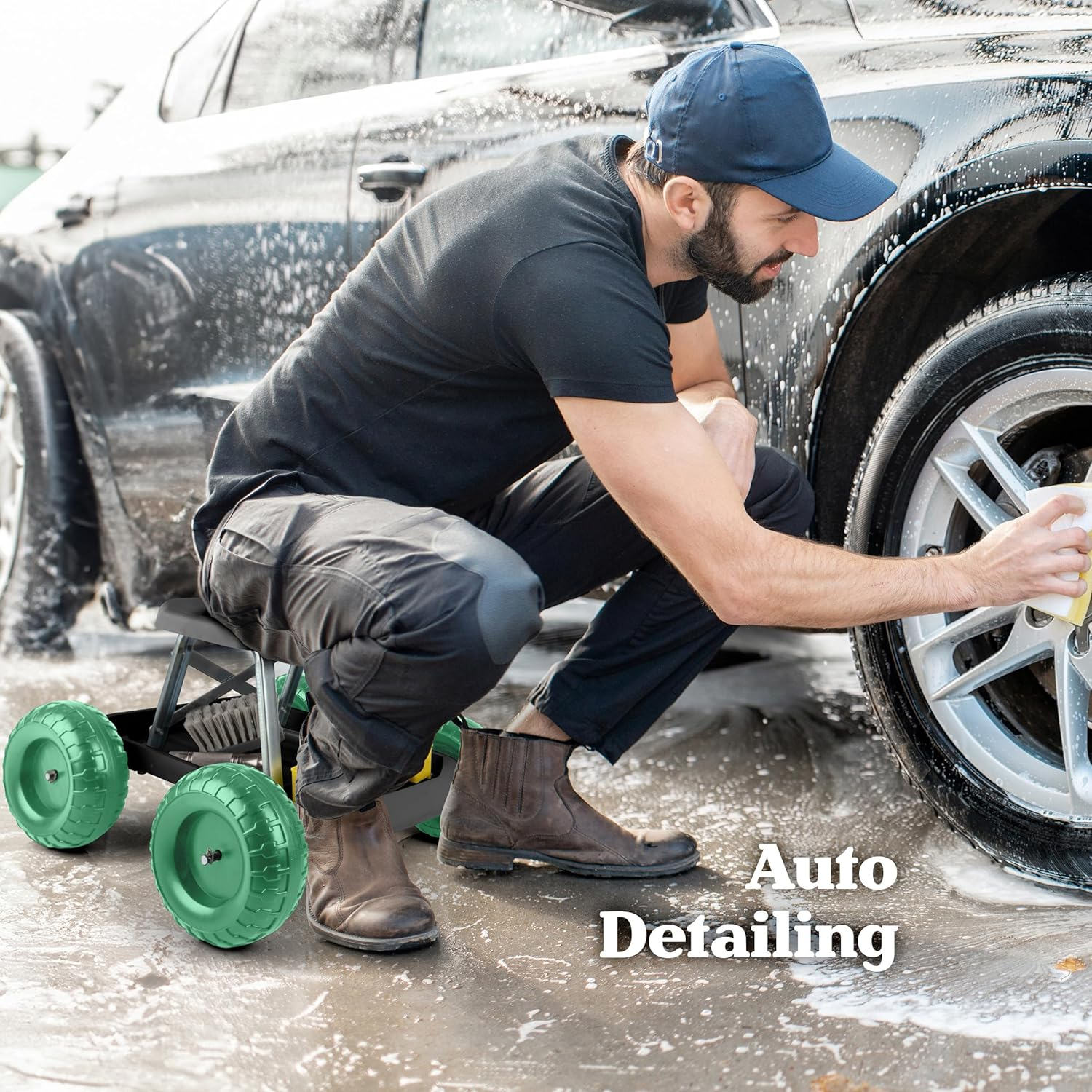 Pure Garden 82-VY021 Cart Rolling Stool with Wheels Seat, and Tool Tray for Weeding, Planting, or Lawn Care &ndash; Gardening Accessories and Supplies, 17.5X19, Green/Black image number 1