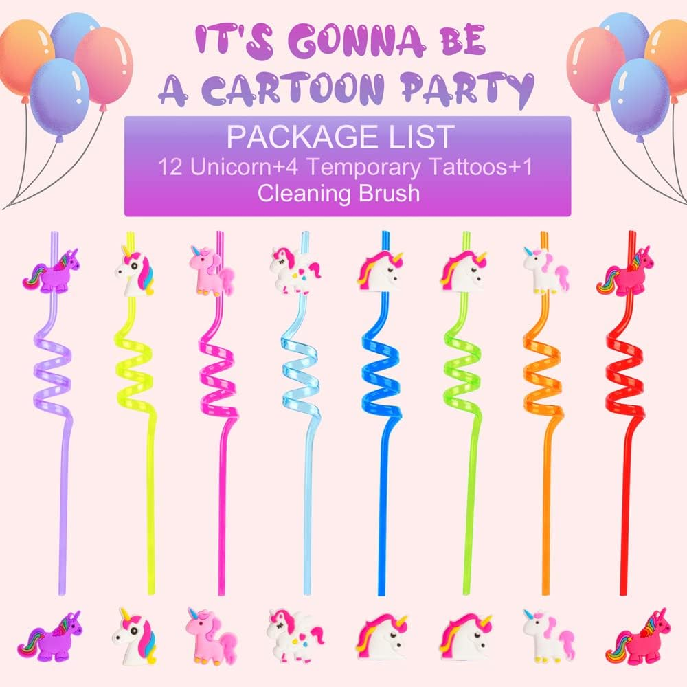 Pack of 12 Unicorn Drinking Plastic Straws + 4 Temporary Tattoos + 1 Cleaning Brush, Reusable Drinking Straws for Birthday Party Accessories image number 3