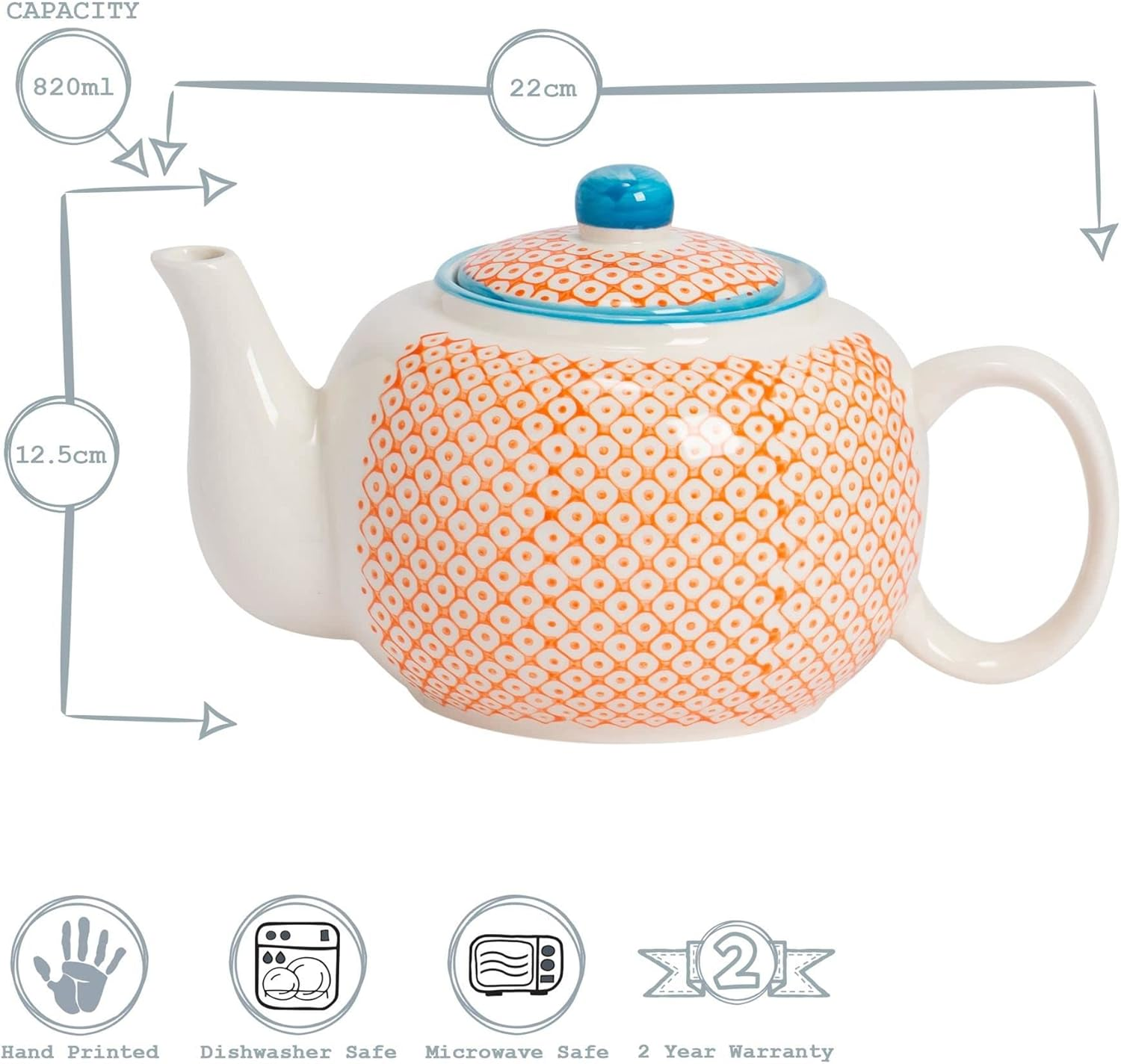 Nicola Spring Hand-Printed Teapot - 820Ml - Orange Traditional Decorative Floral Pattern Porcelain Tea Pot with Lid Tableware Large Teapot for Tea, Milk image number 2