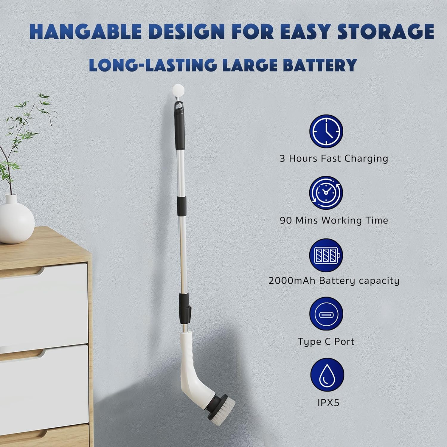 Electric Spin Scrubber, Electric Scrubber with 8 Replaceable Heads, 320-470RPM 5 Speed Adjustable Shower Scrubber with Long Handle, Scrubbing Brush for Bathroom, Bathtub, Floor and Car.