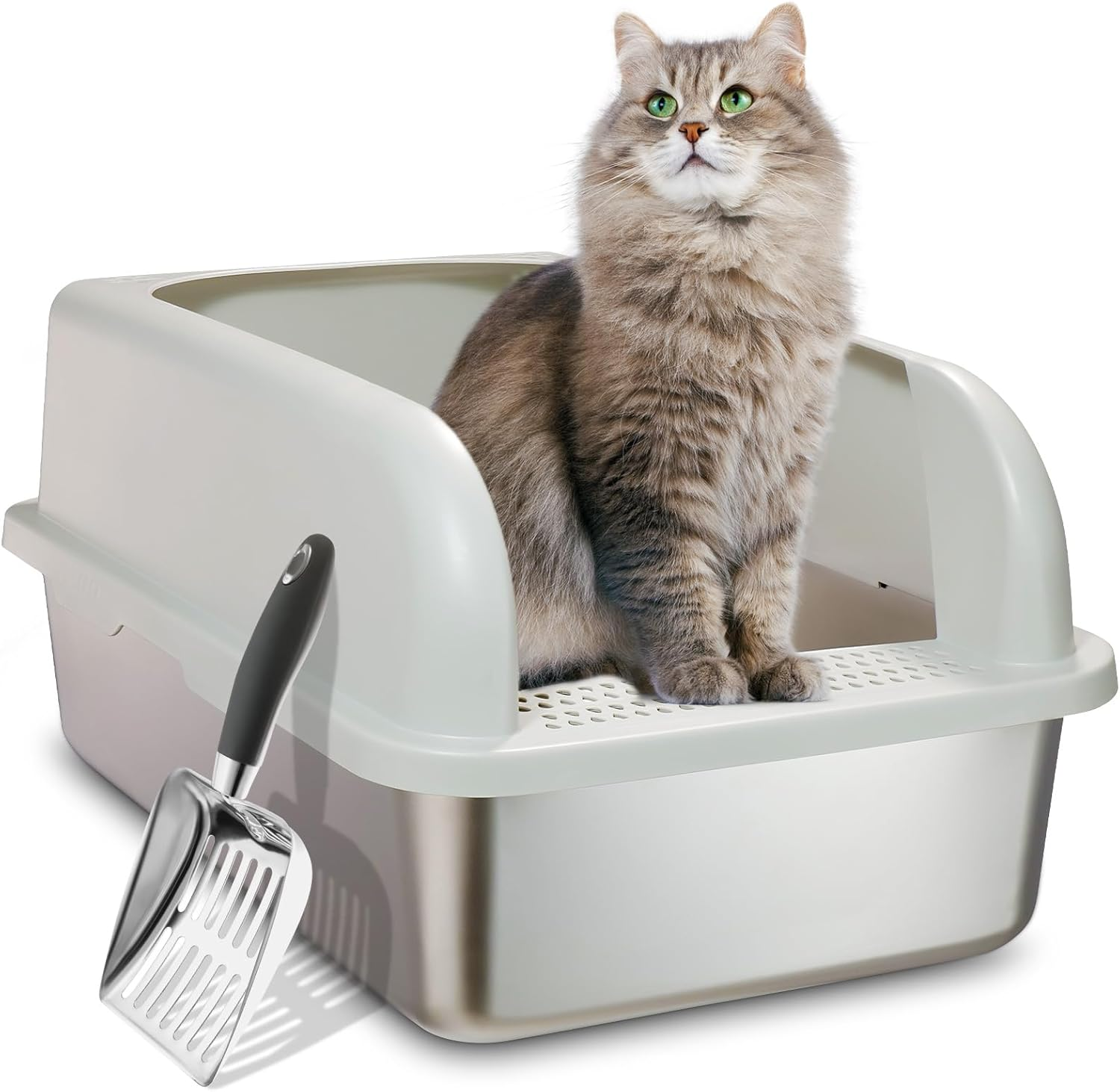 Upgraded Enclosed Stainless Steel Cat Litter Box, High Sided XXL Extra Large Litter Box for Big & Multiple Cats, Easy Cleaning High Wall Side Covered Litter Box with Scoop