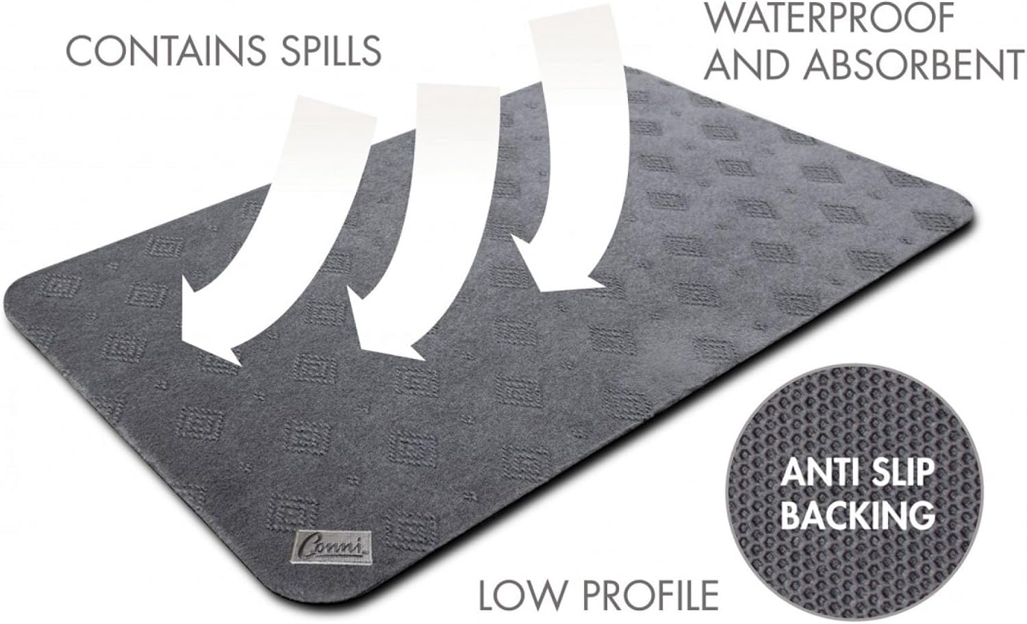 Conni Anti-Slip Floor Mat - Mid Runner, Waterproof and Absorbent, Low Profile, Contains Spill and Leaks, Grey, 50 X 115 Cm