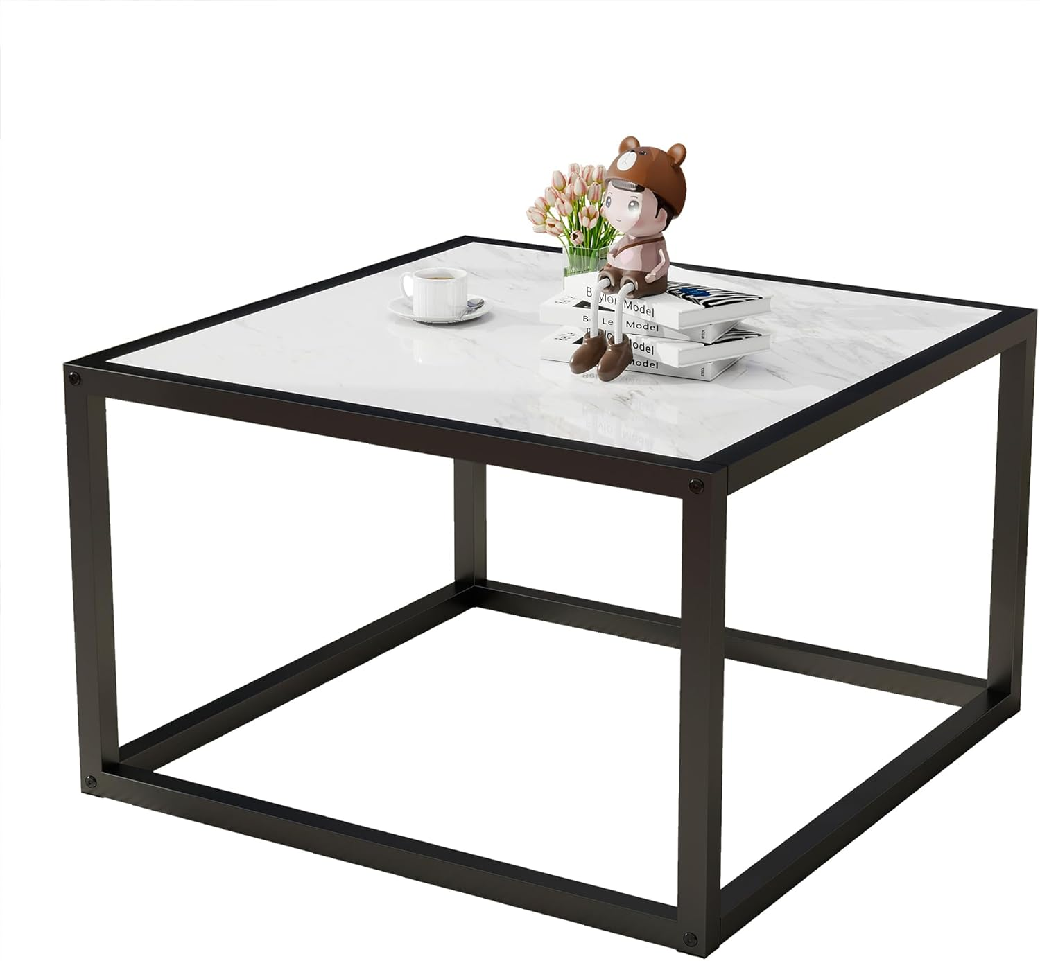 Diolong Square Coffee Table 2 Tier Wooden End Table, Central Table with Open Storage Space for Living Room, Modern Side Table, Grey