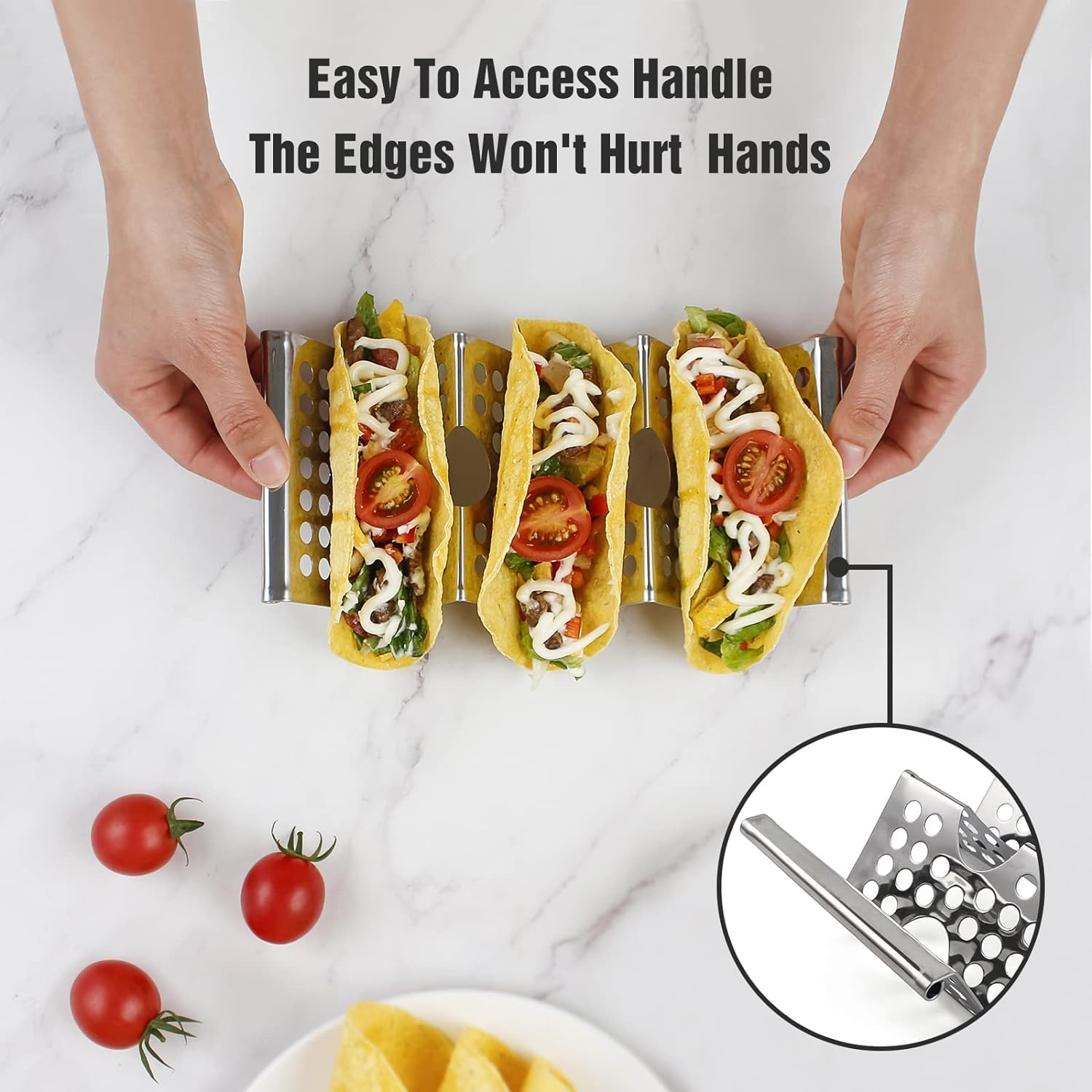 Leanockesa 4 PCS Stainless Steel Taco Holder- Premium Taco Stand, Each Can Hold 3 Tortillas, with Easy-Access Handle, Fits Microwave, Air Fryer and Ovents Microwave, Air Fryer and Oven. image number 2