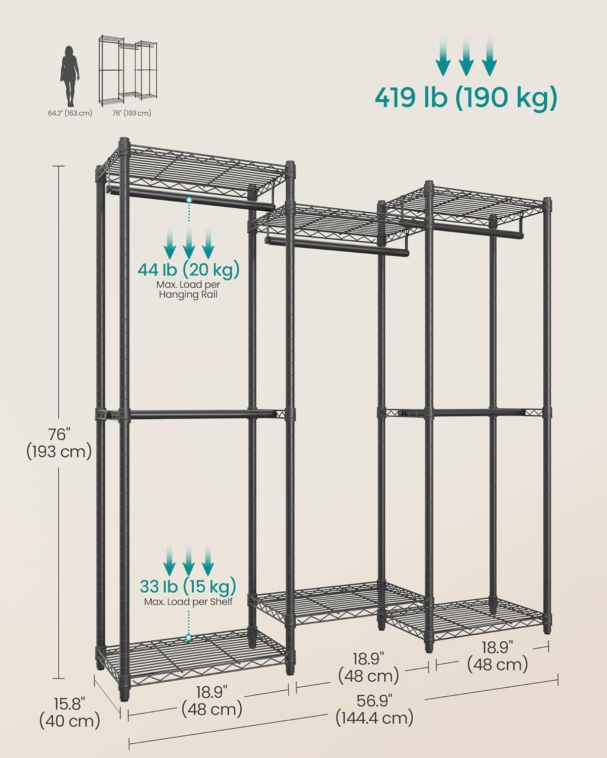 SONGMICS Heavy-Duty Clothes Rack, Garment Rack, Portable Closet, 56.9-Inch Wide Clothing Rack, with Adjustable Mesh Shelves and Hanging Rails, Ink Black ULGR432B01 image number 3