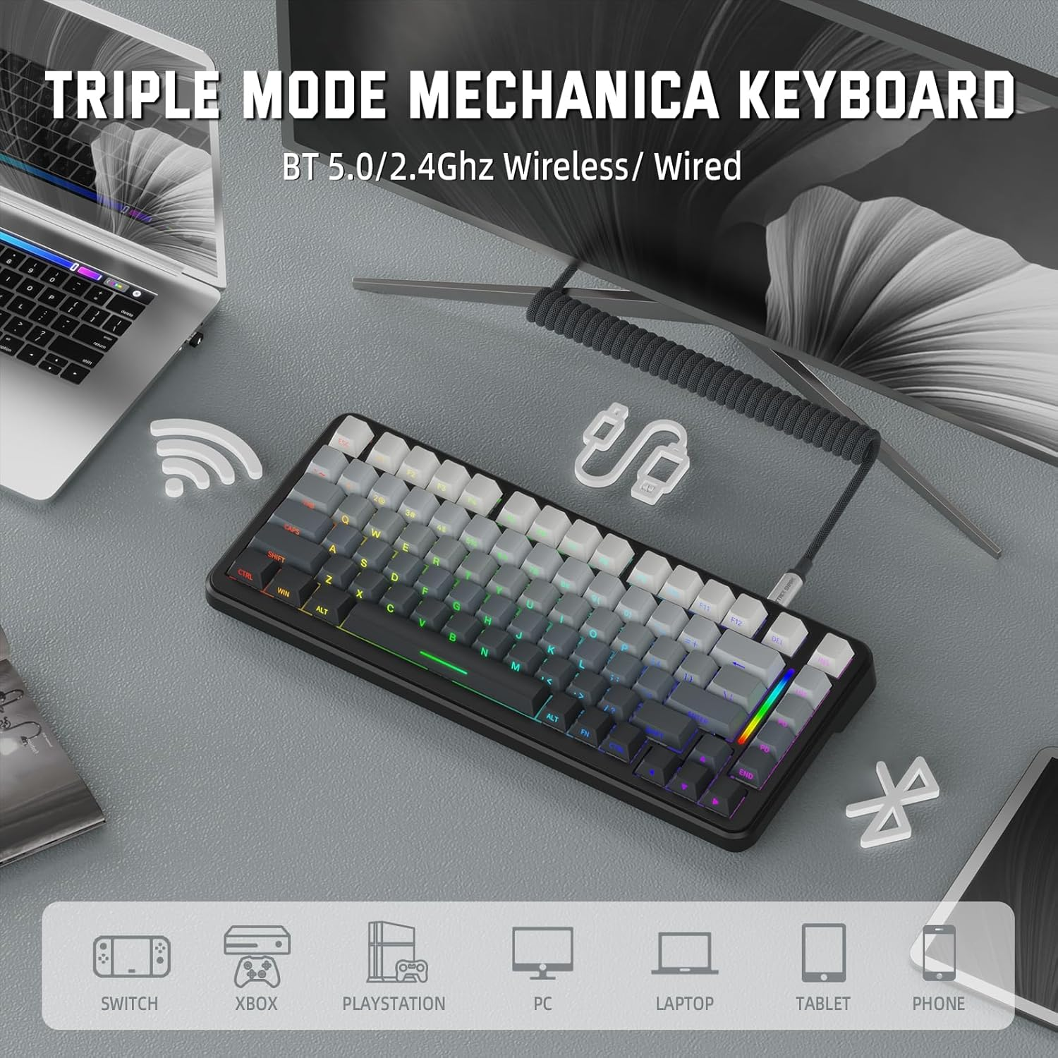Lexonelec X ATTACK SHARK M86 Pro Wireless Mechanical Keyboard, Bt/2.4G/Wired, 4000Mah, Hot Replaceable Linear Switch, PBT Keys, QWERTY, RGB Keyboard with Spiral Cord. (Grey)