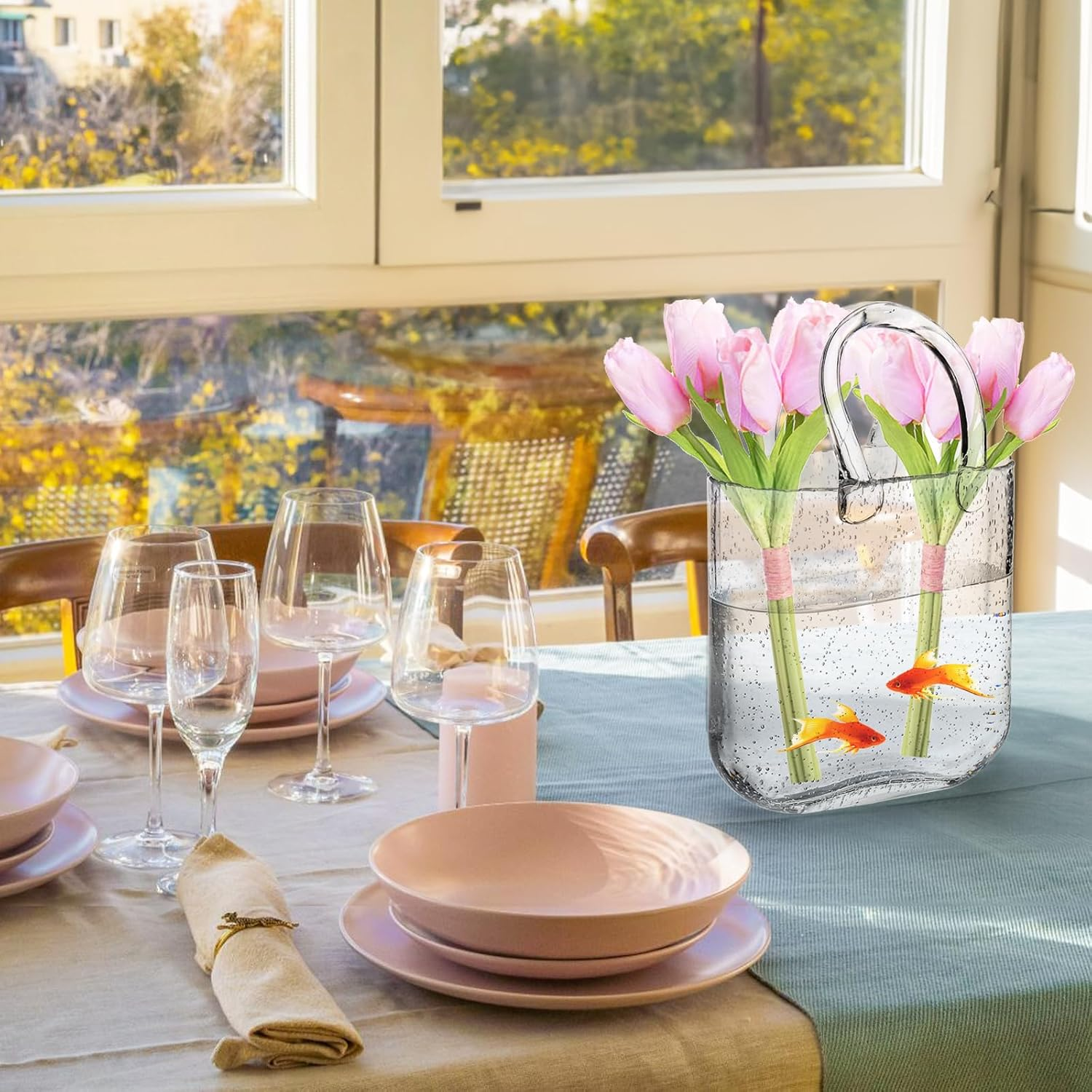 Noamus Purse Vase for Flowers, Unique Clear Glass Bag Vase with Handle, Handbag Shape Flower Vase Fish Bowl, Wide Mouth Bubble Vase for Wedding Birthday Centerpieces, Home Garden Decor(Transparent)