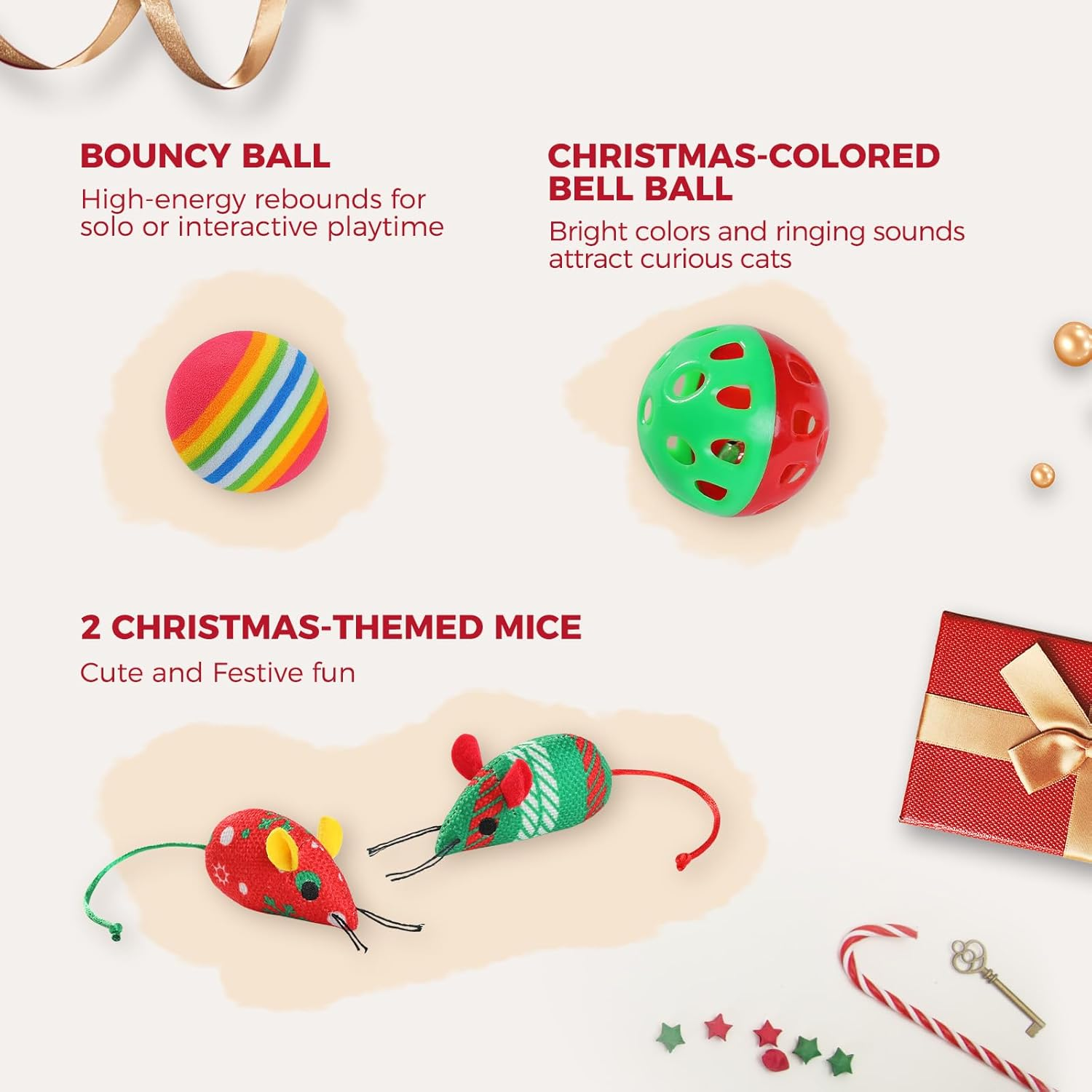 PAWZ Road Christmas Cat Toys 10 Piece Set Plush Santa Candy Cane, Reindeer Bell Ball, Mice & Feathers, Cats & Kittens