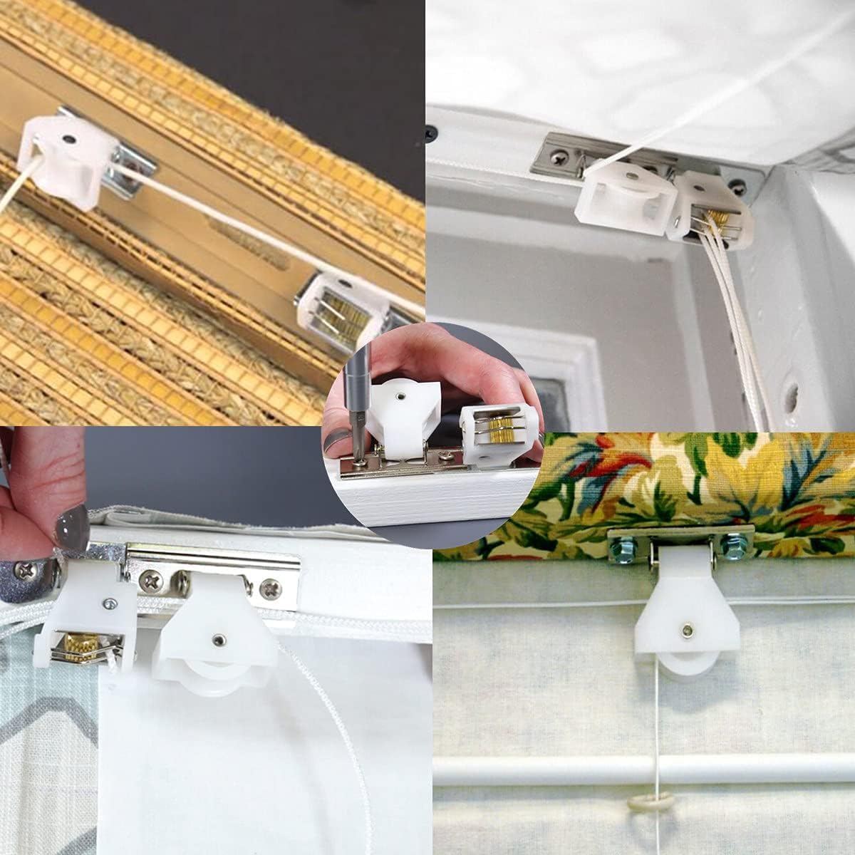 4Pcs Cord Lock Mechanism and Cord Idler Pulley Swivel Type White Plastic and Stainless Steel Bracket for Roman Blinds Woven Wood Shades and Bamboo Blinds image number 5
