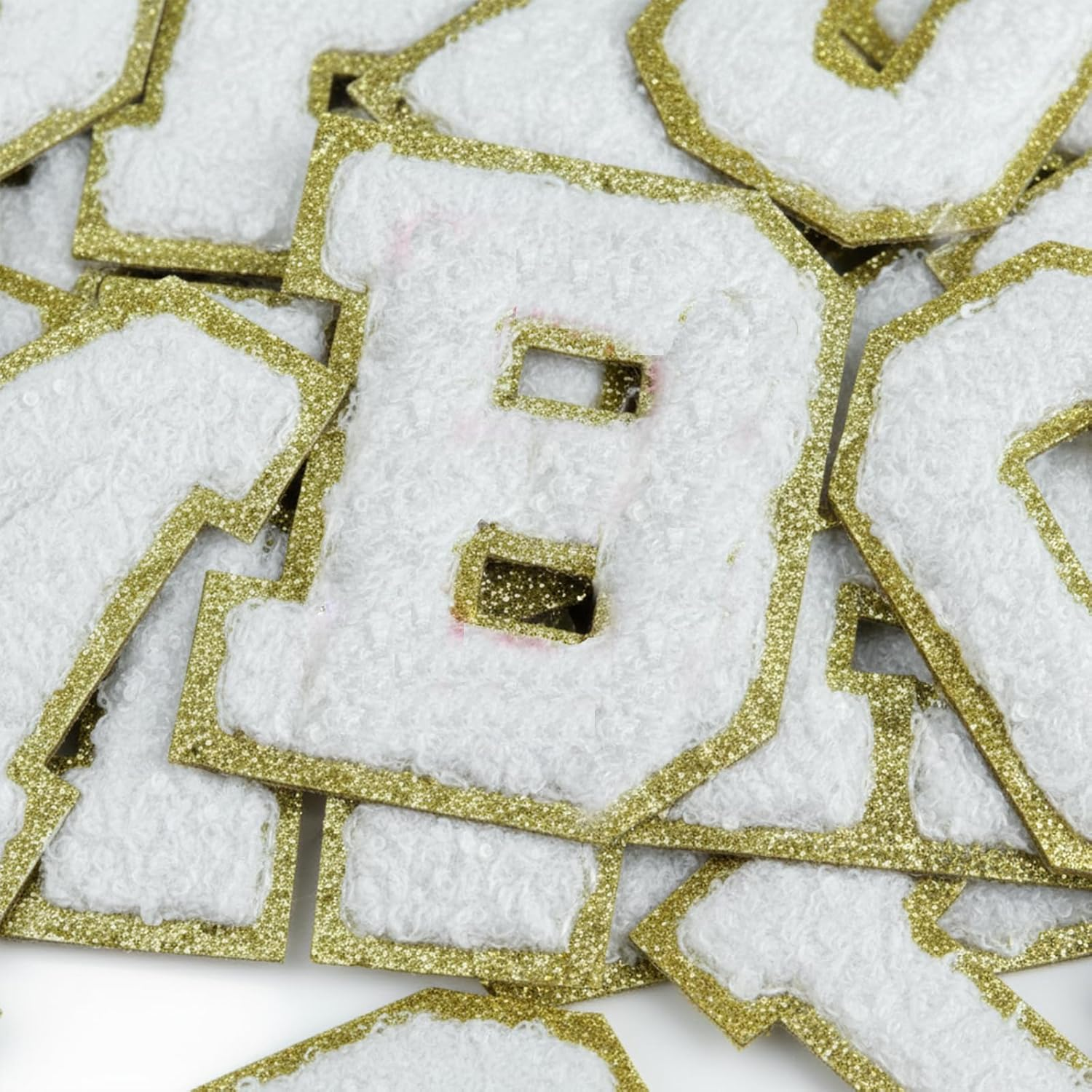 26Pcs Chenille Letter Patches A-Z for DIY Clothing, Fabric, Shoes, Bags &ndash; Self-Adhesive Decorative Iron-On Patches with Gold Trim, Premium Quality (White)&ndash; Ruibex image number 1