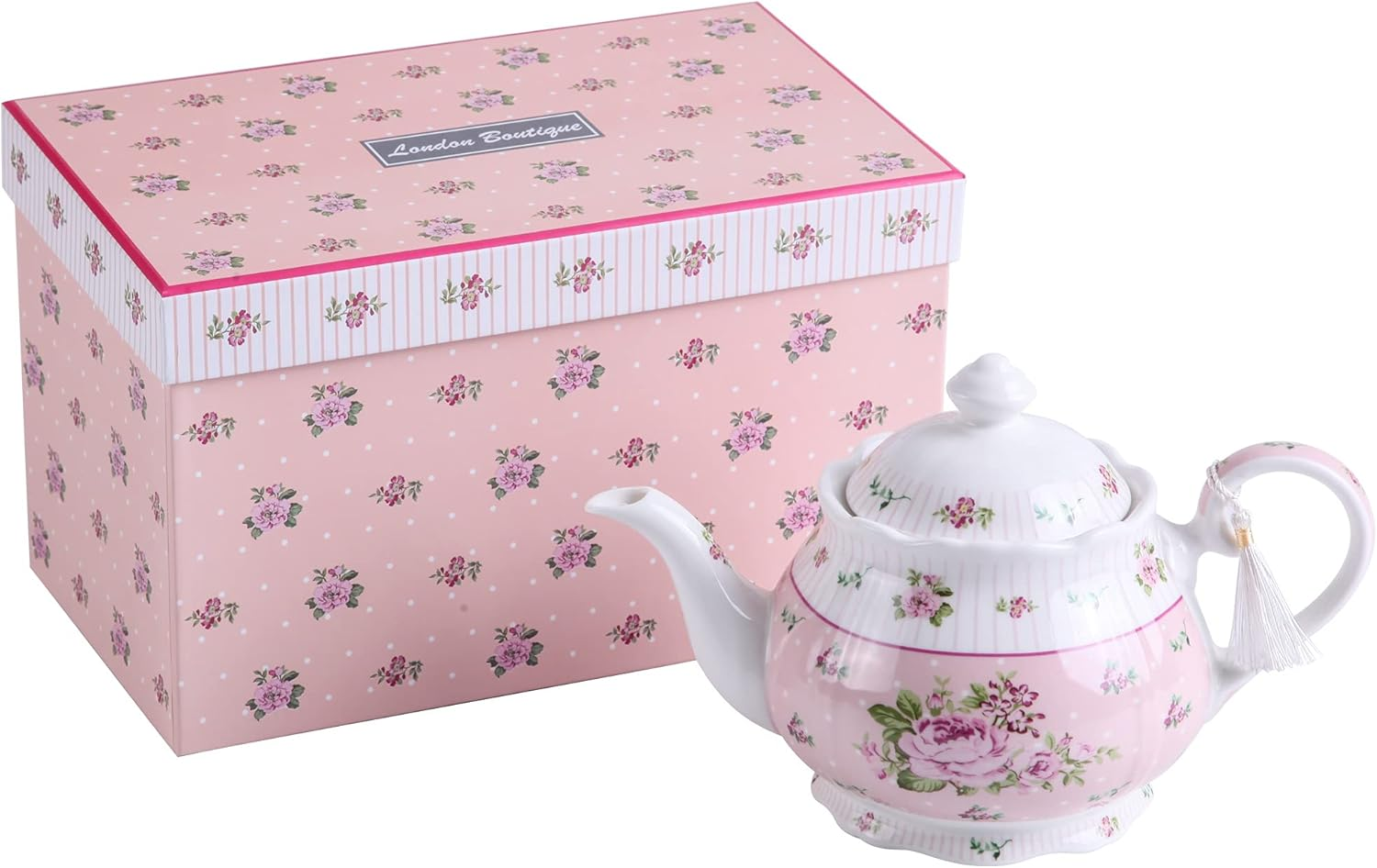 London Boutique Porcelain Teapot Sugar Bowl and Cream Milk Jug Shabby Chic Vintage Floral in Gift Box 40Oz (Teapot Rose Pink) - Cream  Sugar Set Bird Rose Butterfly image number 5